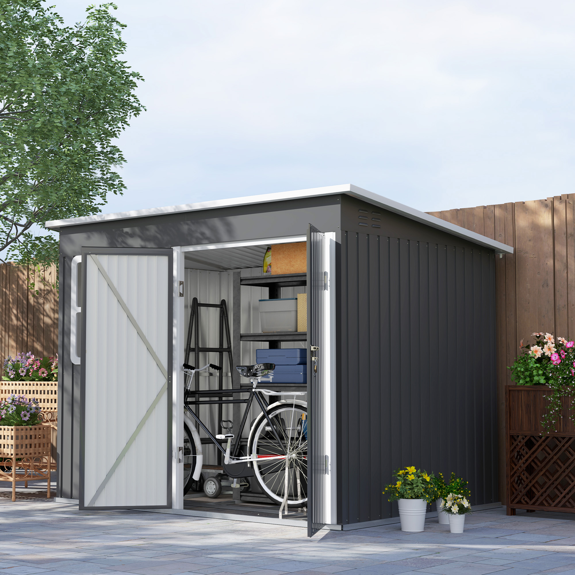 SUNVISTA 8.5 x 6ft Storage Shed Galvanised Steel Garden Shed, Metal Shed with Foundation Kit, Dark Grey