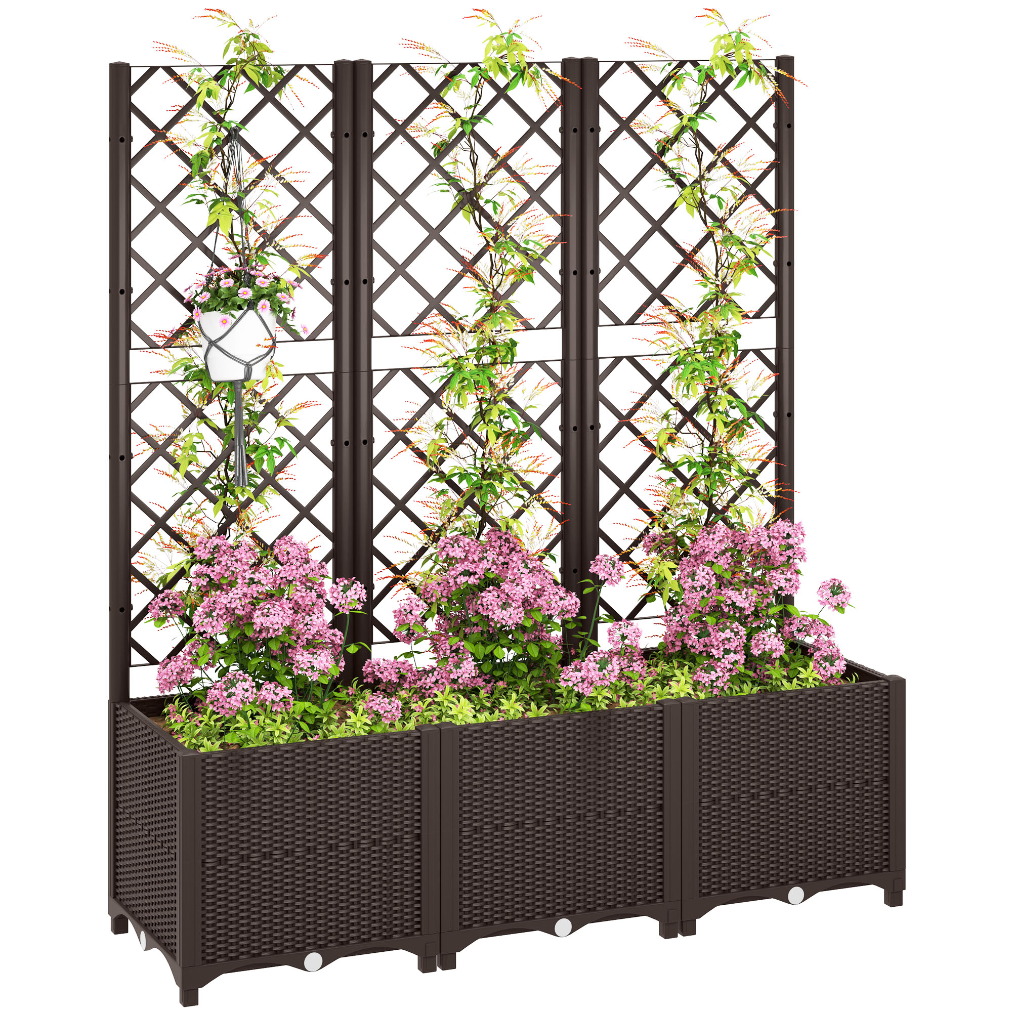 SUNVISTA Raised Garden Bed with Trellis, Plastic Planter Box with Drainage Holes and Drain Plugs for Climbing Plants, Vegetables, Flowers, Brown - 