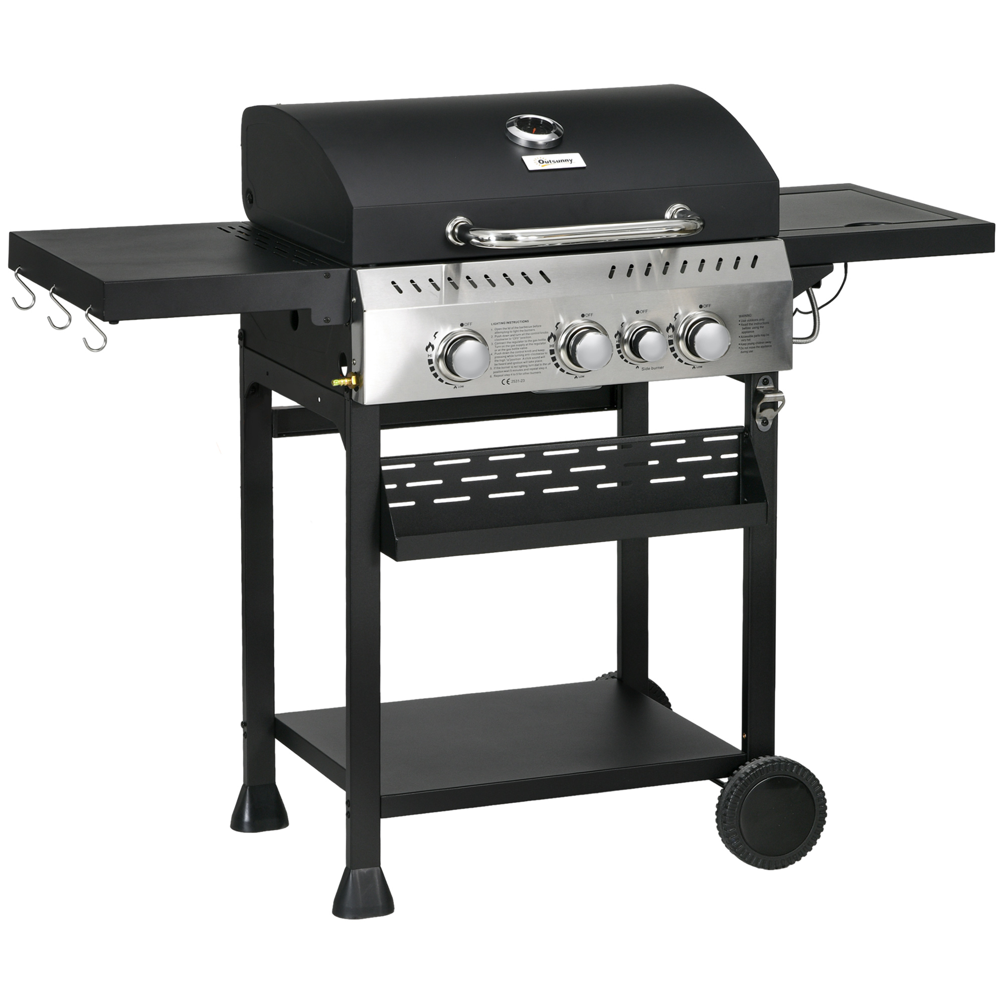 Galvanised Steel 3+1 Gas Burner BBQ Grill Trolley, Black