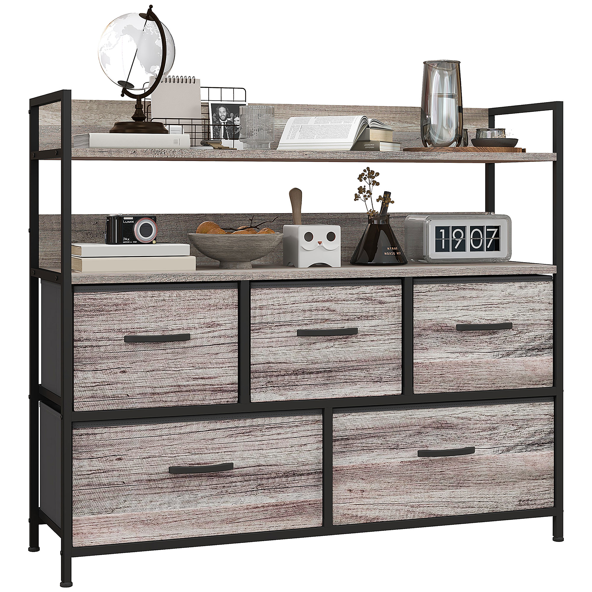 WENZA Grey Chest of Drawers - Large-sized, 5 Drawers, Fabric