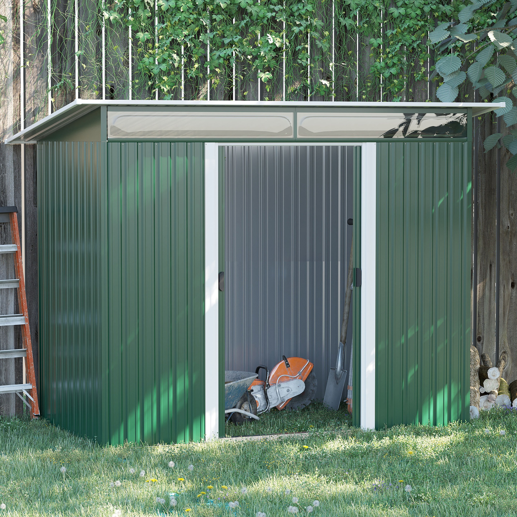 Pent Roofed Metal Garden Shed House Hut Gardening Tool Storage w/ Ventilation 260L x 133W x 200Hcm