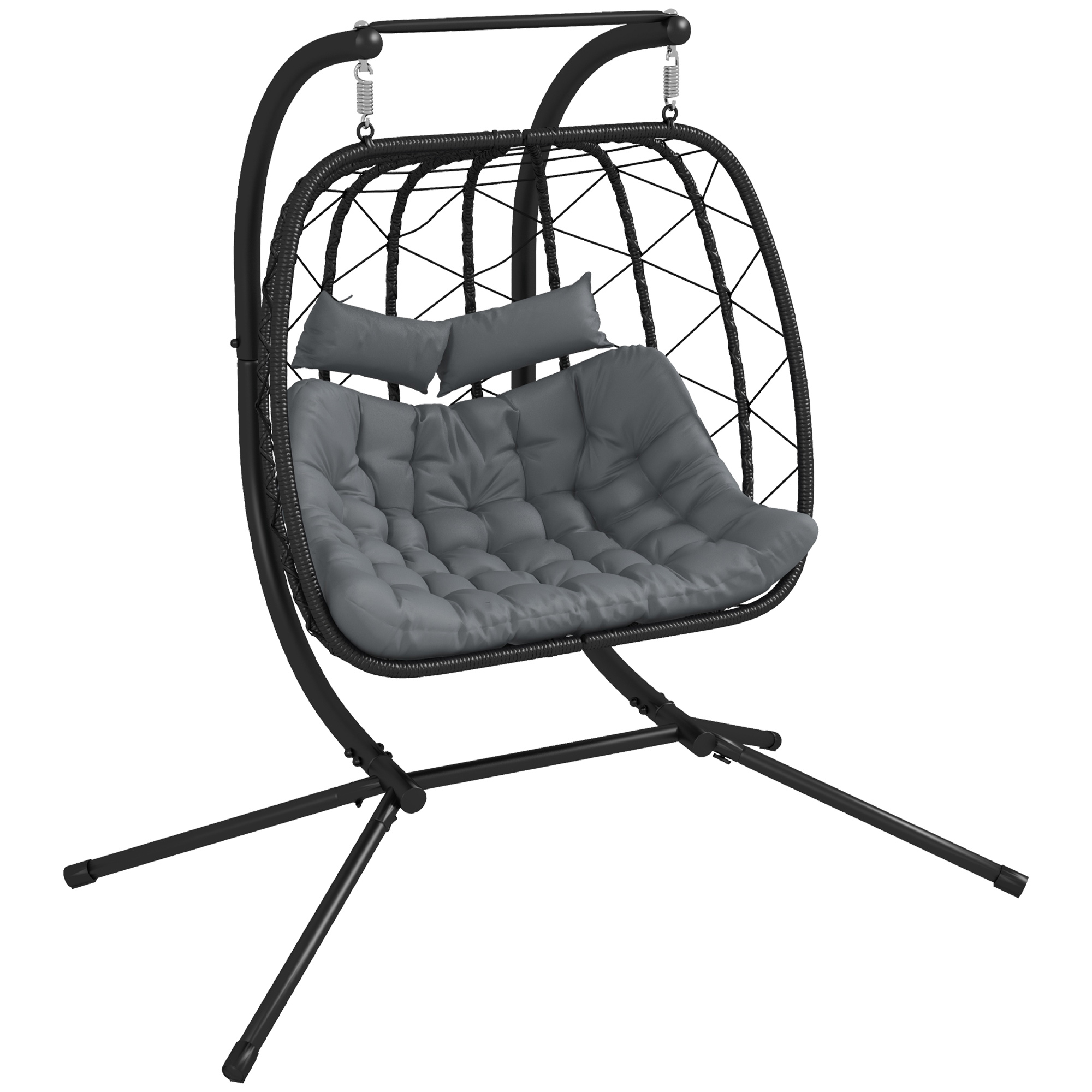 Outdoor PE Rattan Double-seater Swing Chair w/ Thick Padded Cushion, Patio Hanging Chair for 2 w/ Metal Stand, Headrest, Black