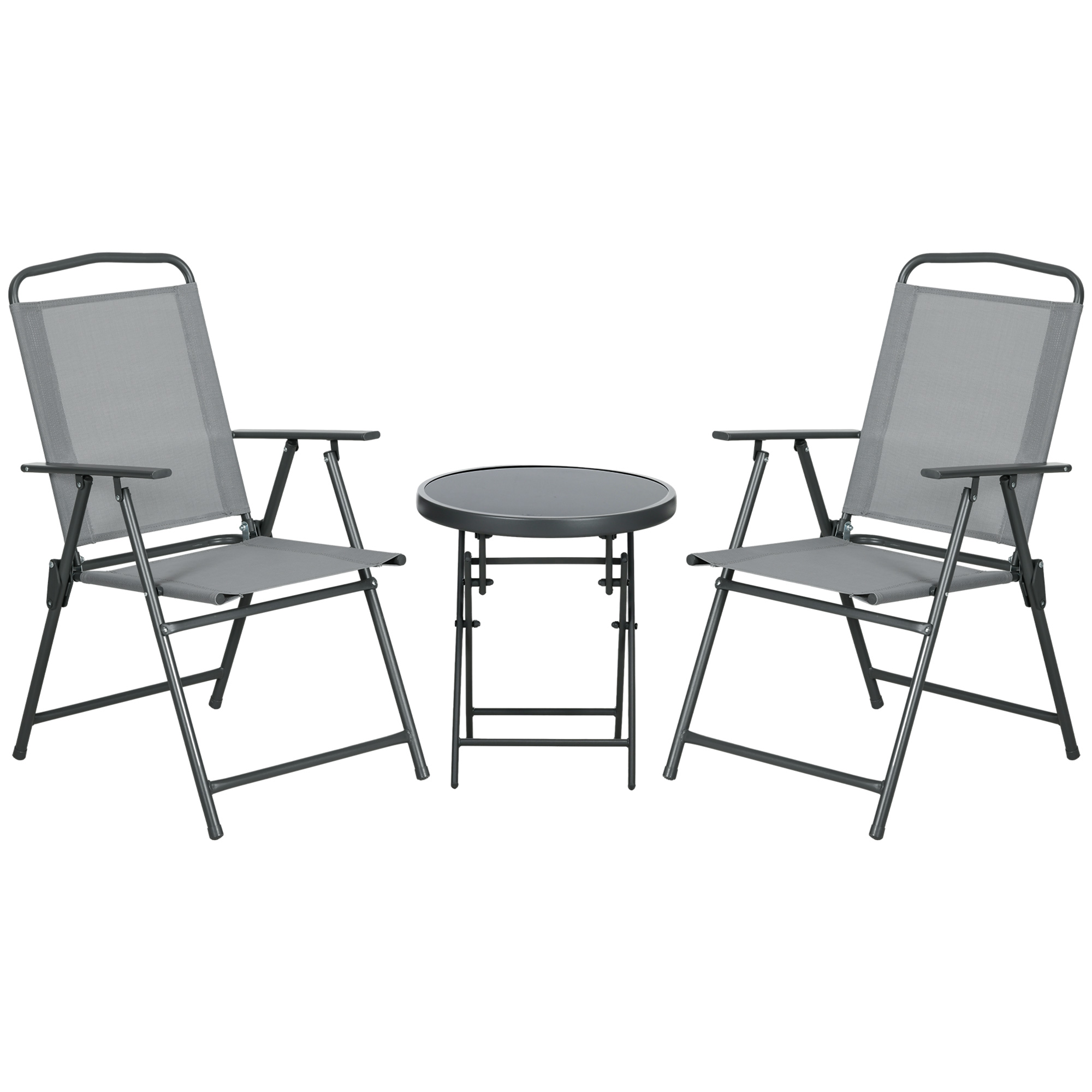 3 Pcs Garden Table and Chairs, Outdoor Bistro Set, Patio Conversation Furniture Set w/ Foldable Armchairs, Glass Top Coffee Table, Light Grey