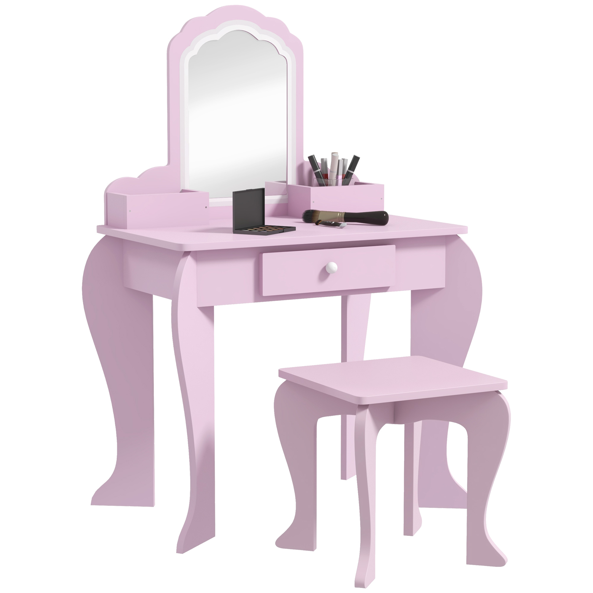 ZONEKIZ Kids Vanity Table with Mirror and Stool, Cloud Design, Drawer, Storage Boxes, for 3-6 Years Old - Pink