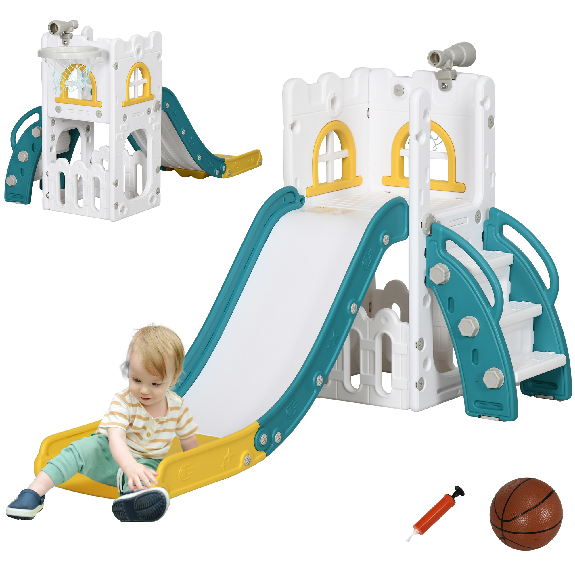 Kids Play Set - Toddler Slide with Basketball Hoop for Ages 1-3 Yellow 177cm