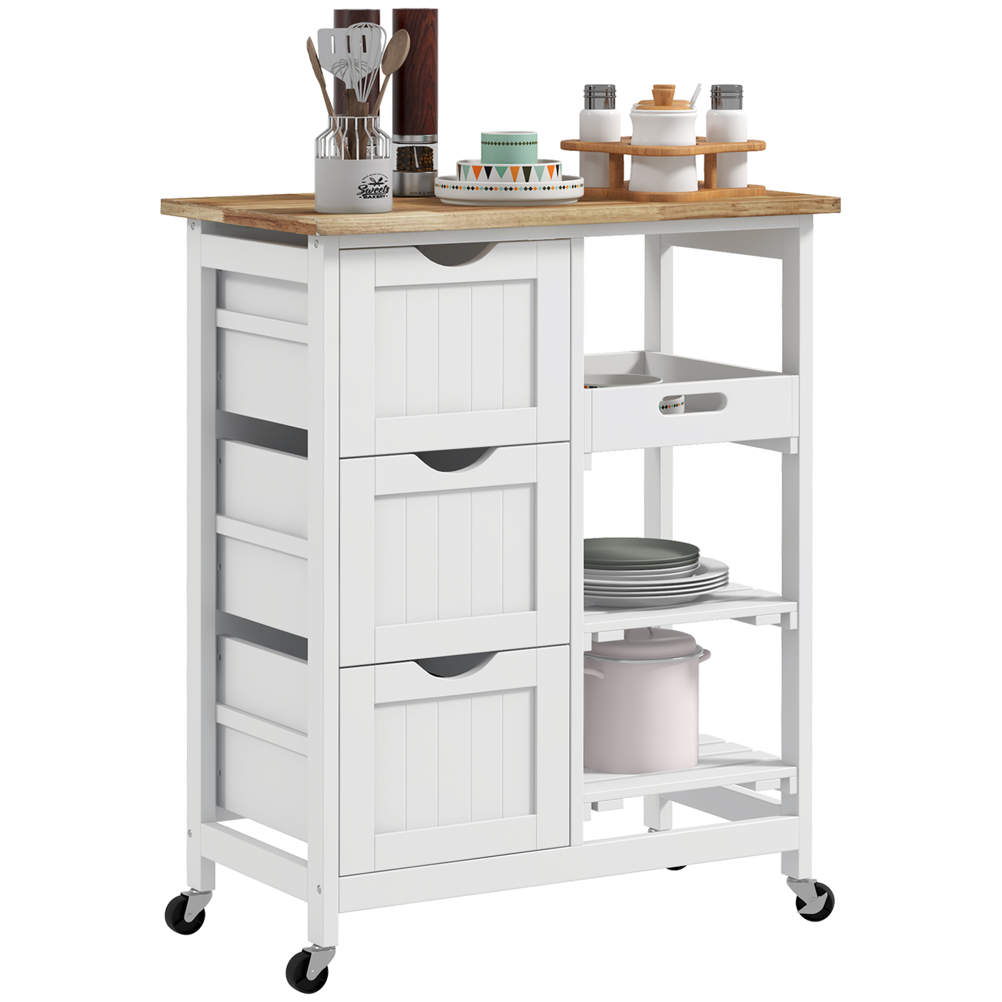 Scott Rolling Kitchen Island Cart Compact Trolley with Wood Top - White