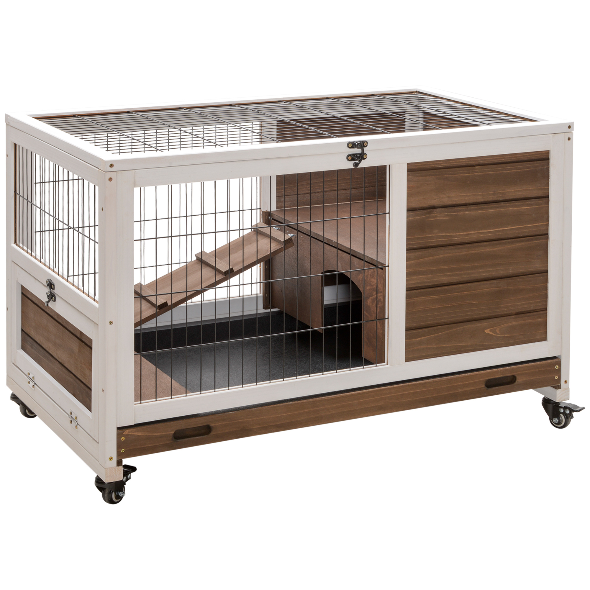 Wooden Indoor Rabbit Hutch w/ Enclosed Run Brown