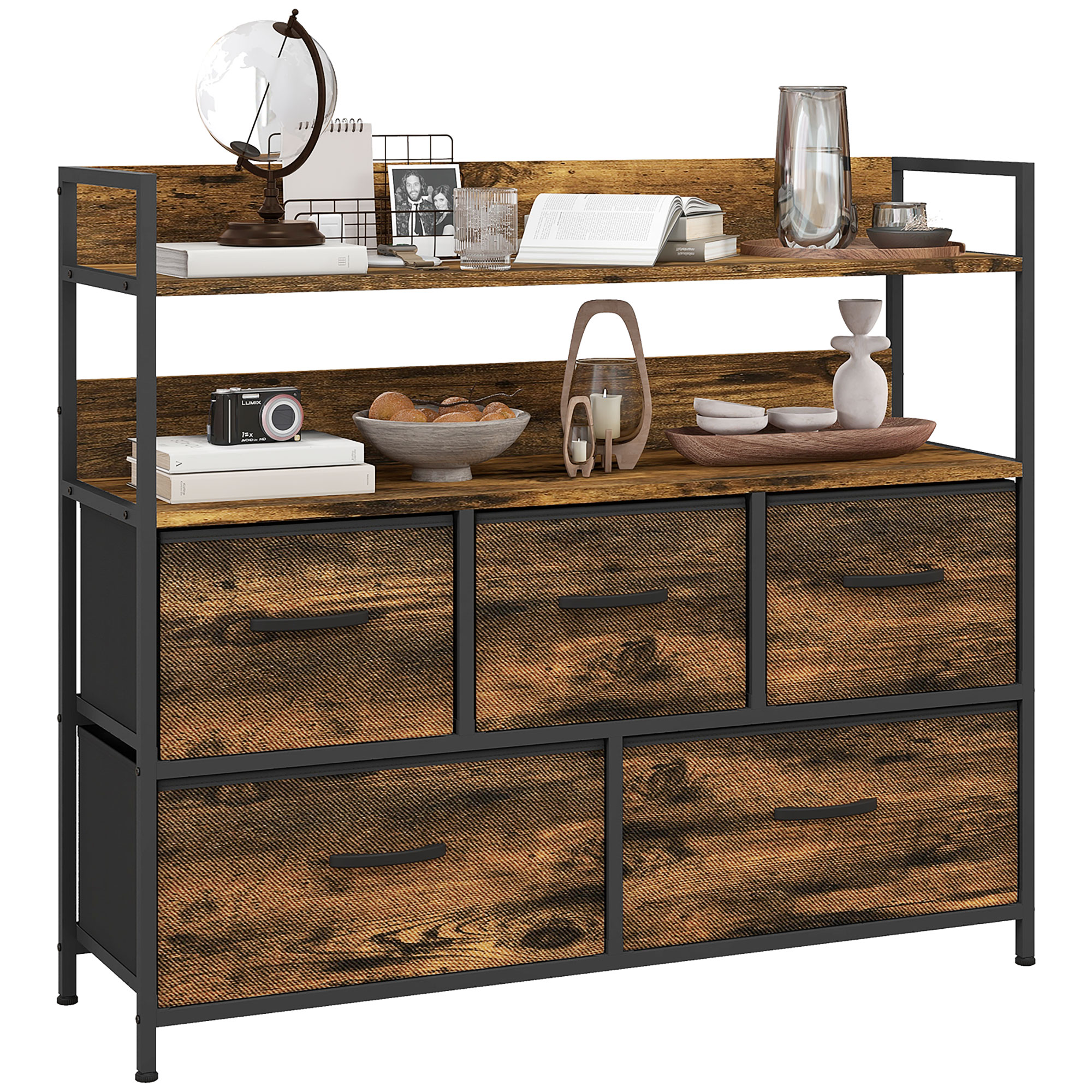 WENZA Oak Finish Fabric Chest of Drawers - Large-sized, 5 Drawers