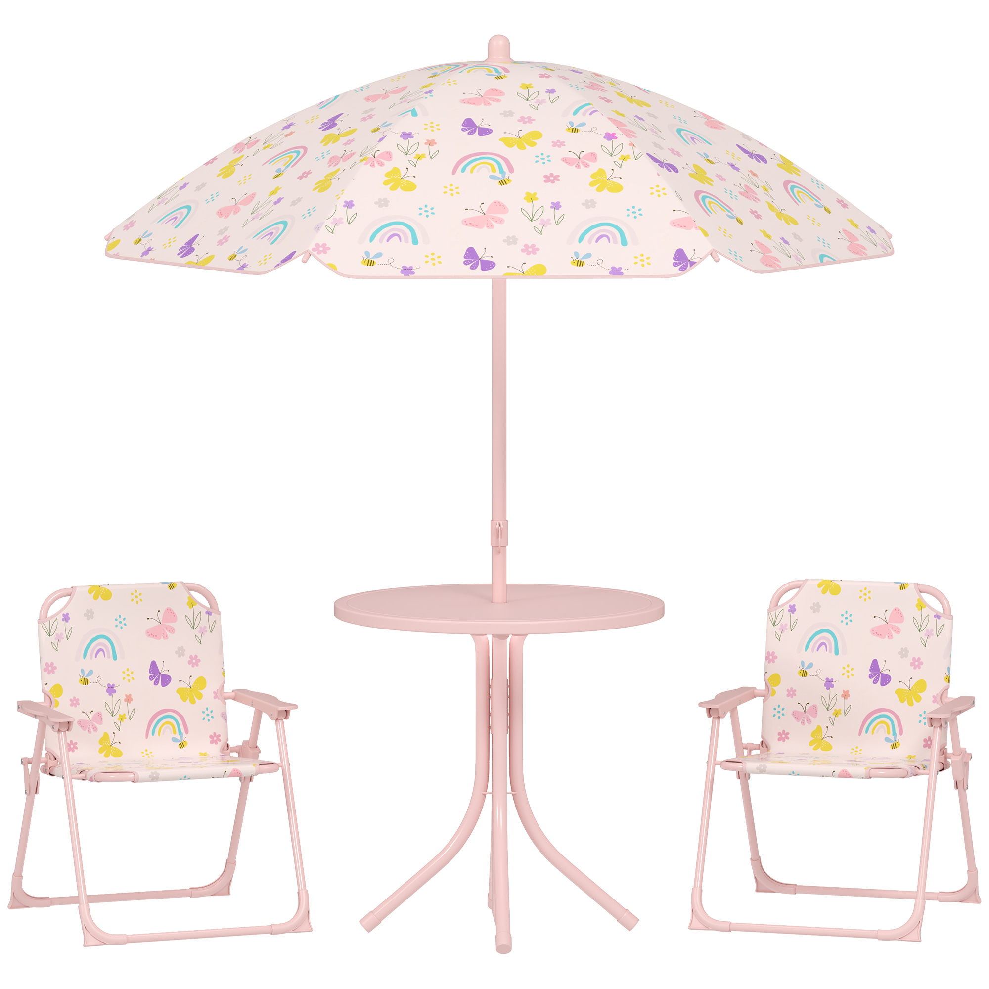 AIVAGO 4 Pieces Kids Garden Table and Chair Set with Adjustable Parasol, Folding Chairs, Table, Rainbow Pattern, Pink