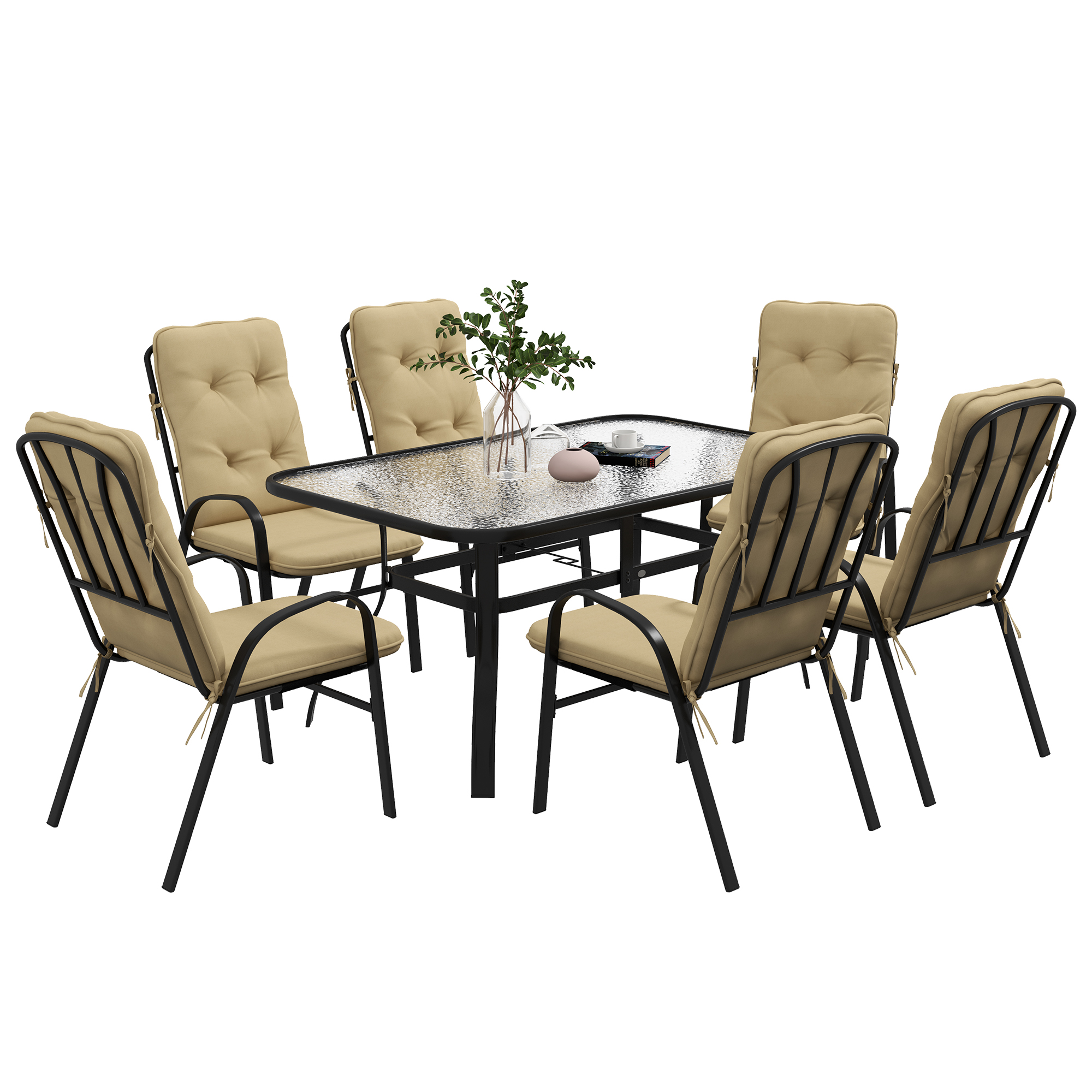 7-Pcs Garden Dining Set - Table with Umbrella Hole and Cushioned Armchairs - Beige