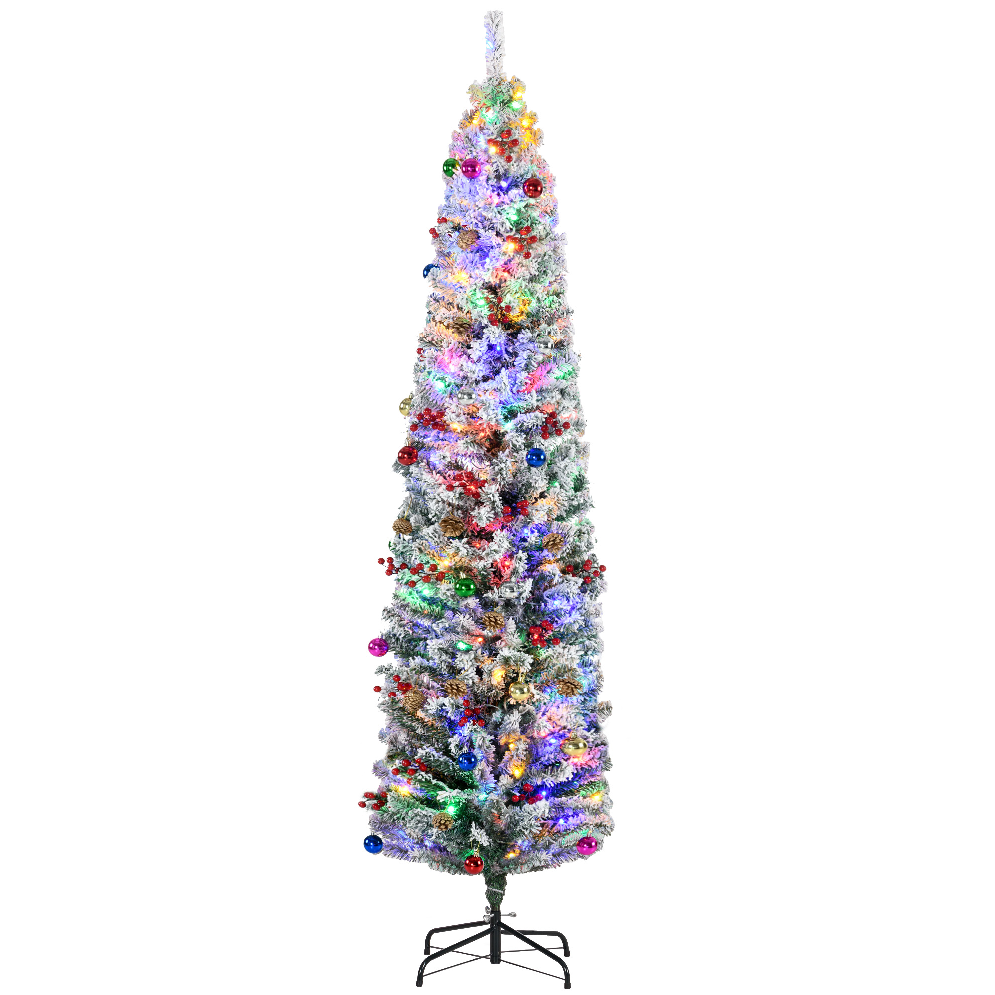 HERON 7' Artificial Prelit Christmas Trees Holiday DÃ cor with Colourful LED Lights, Flocked Tips, Berry, Pine Cone