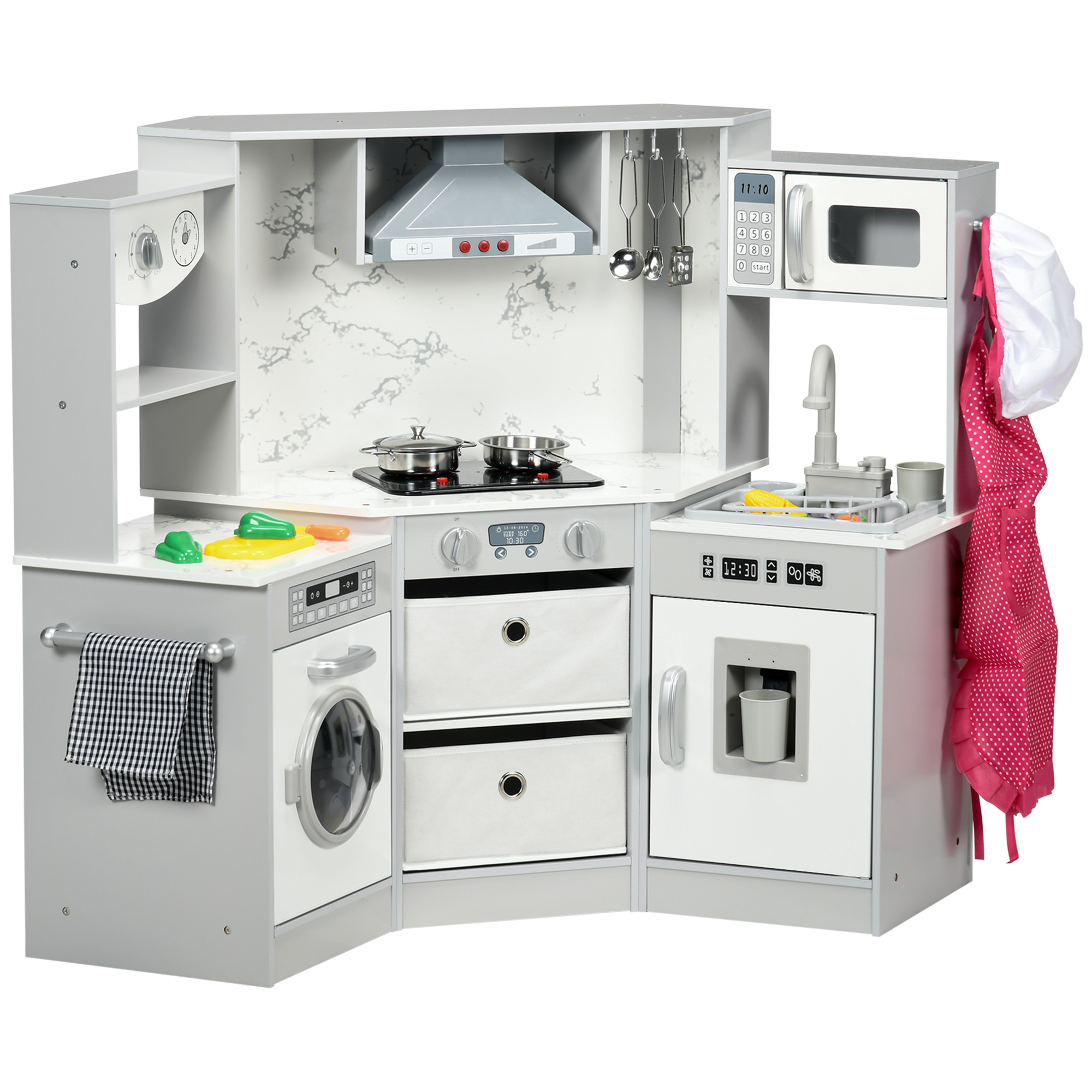 AIYAPLAY Toy Kitchen with Running Water, Lights Sounds, Apron and Chef Hat, Water Dispenser, for 3-6 Years Old - Grey