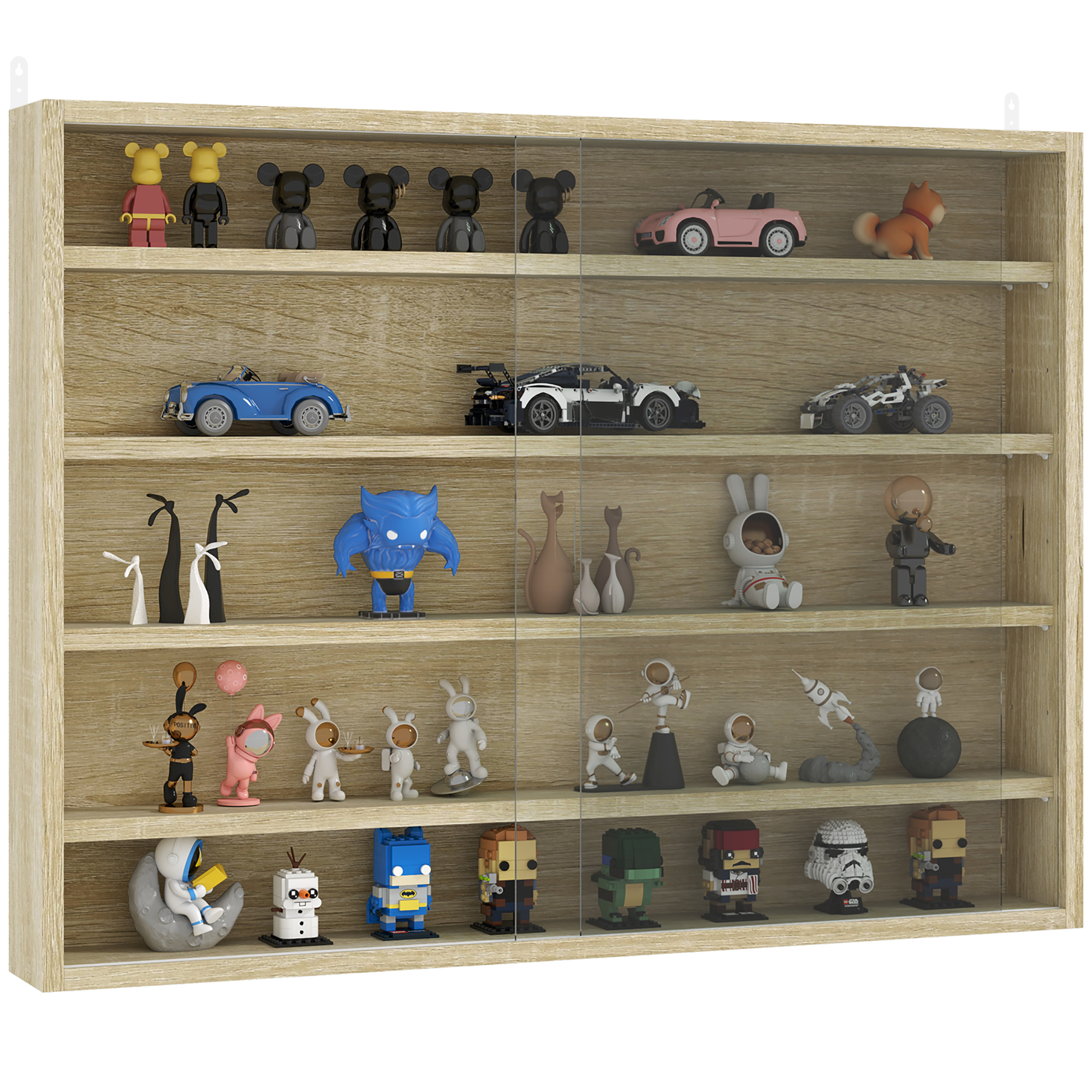 HERON 5-Tier Wall Display Shelf Unit Cabinet w/ 4 Adjustable Shelves Glass Doors Home Office Ornaments 60x80cm Oak