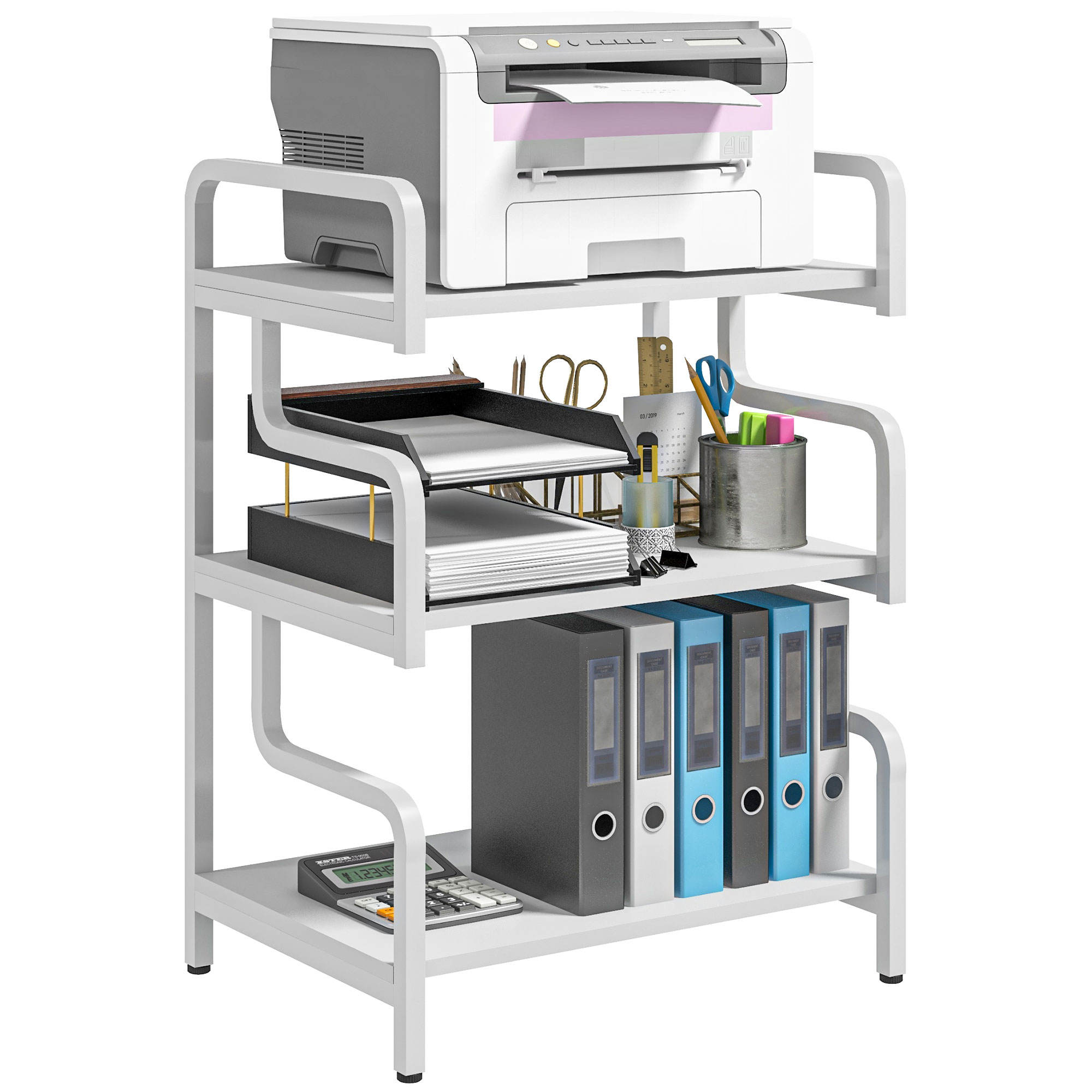 3-Tier Storage Shelves, Metal Shelving Unit, Industrial Printer Table for Home Office, Display Rack for Living Room, White
