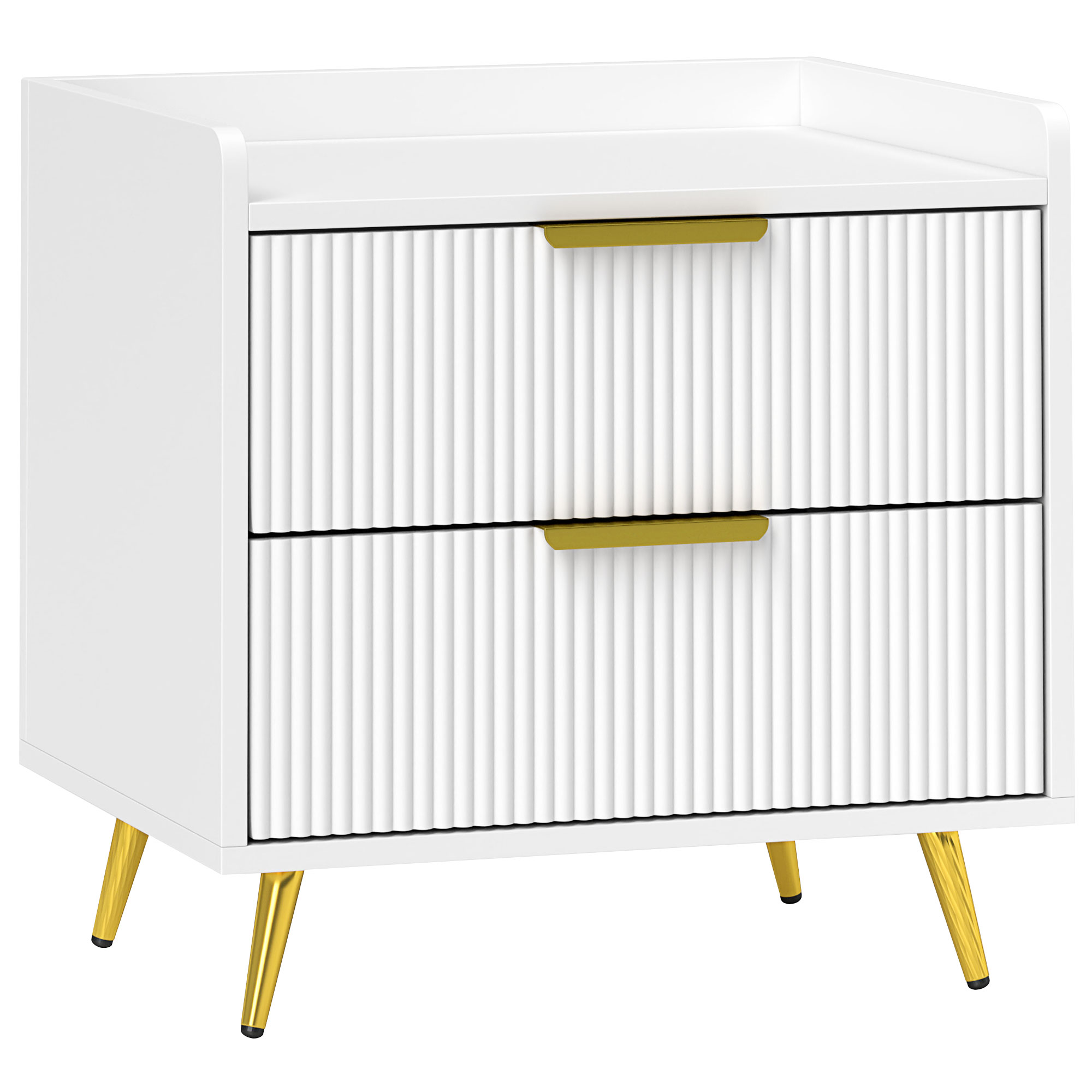 HERON Elegant Two-Drawer Bedside Table - White with Gold Foots