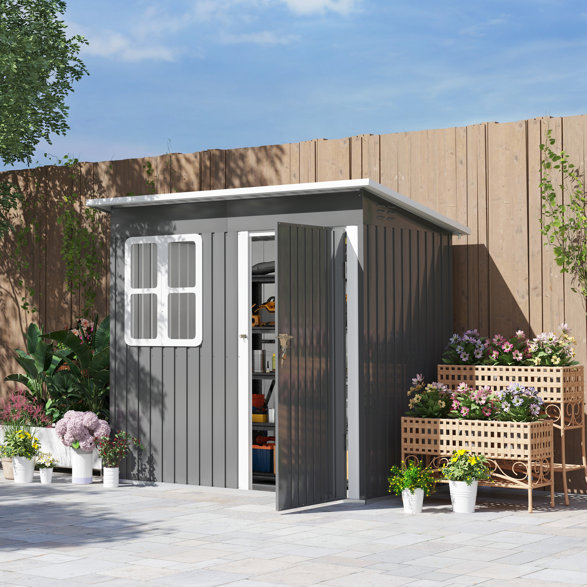 SUNVISTA 7 x 4ft Galvanised Steel Garden Shed, with Lock and Gloves - Grey