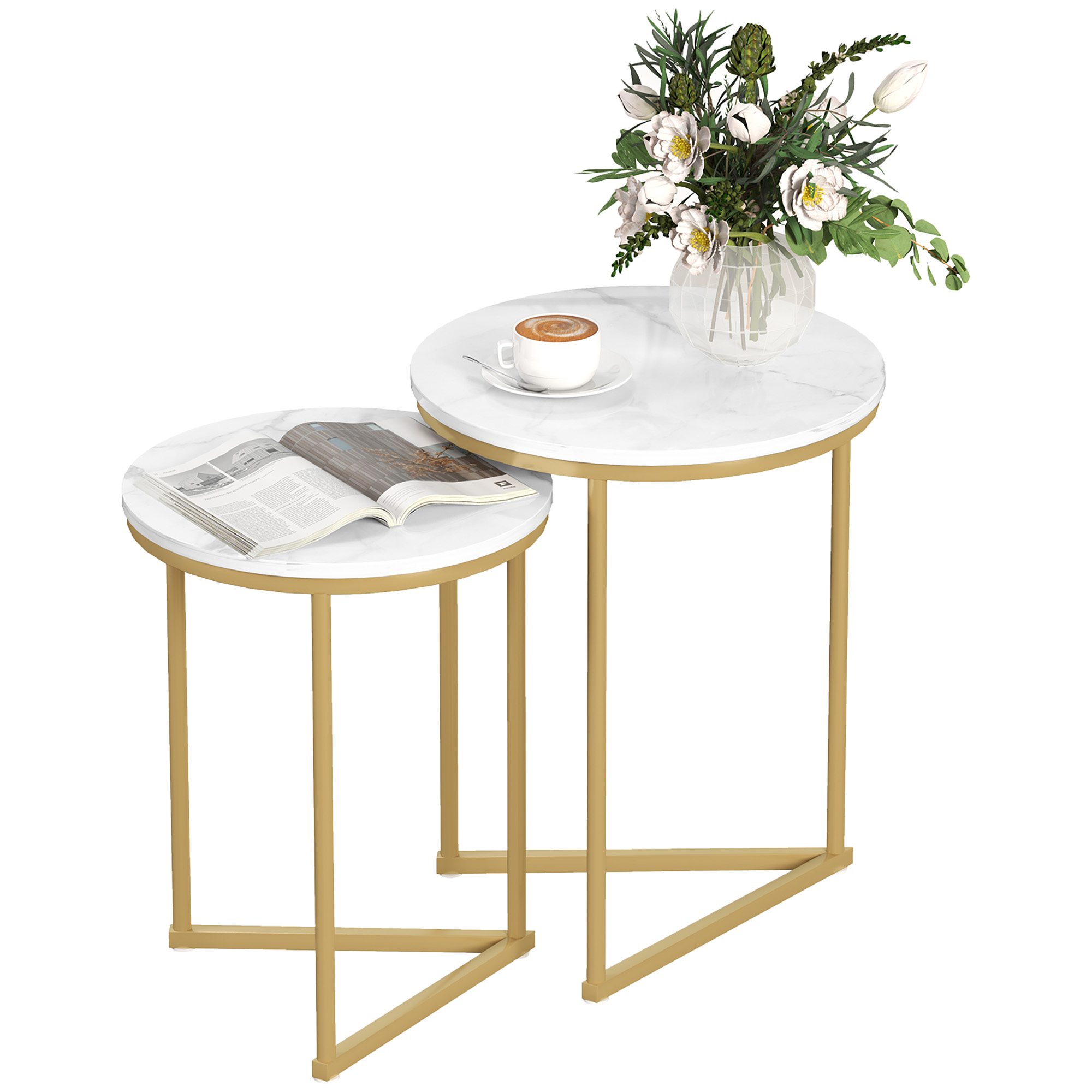 HERON Set of Two Marble-Effect Nest of Tables - White/Gold-Tone