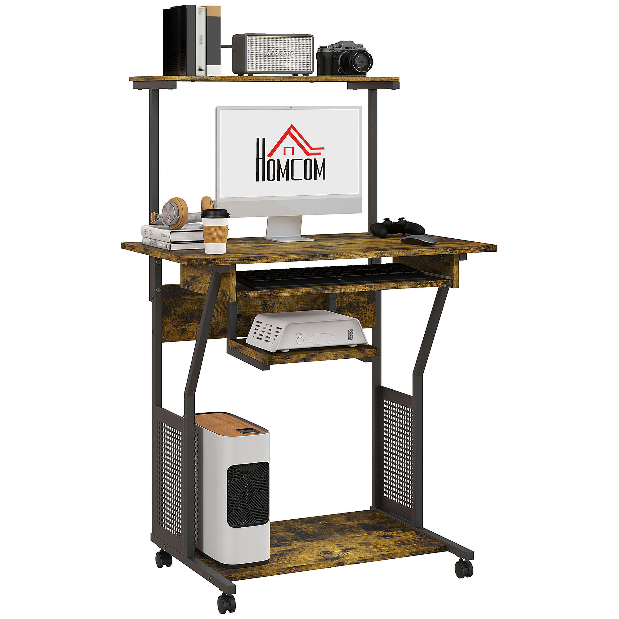 Scott Mobile Computer Desk with Storage Shelves and Wheels - Rustic Brown