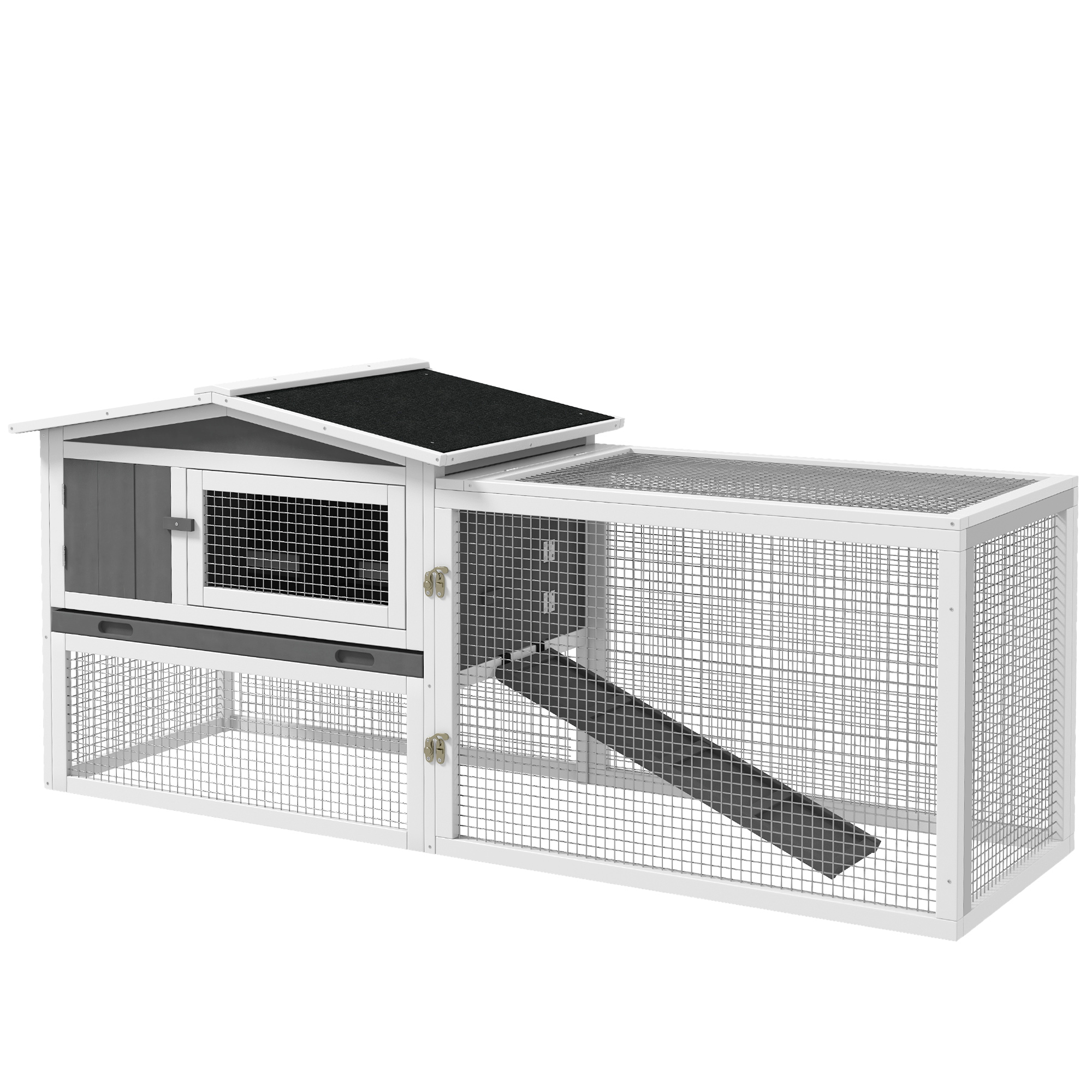 Rabbit Hutch and Run Outdoor Bunny Cage Wooden Guinea Pig Hide House with Sliding Tray, Hay Rack, Ramp, 156 x 58 x 68cm, Grey