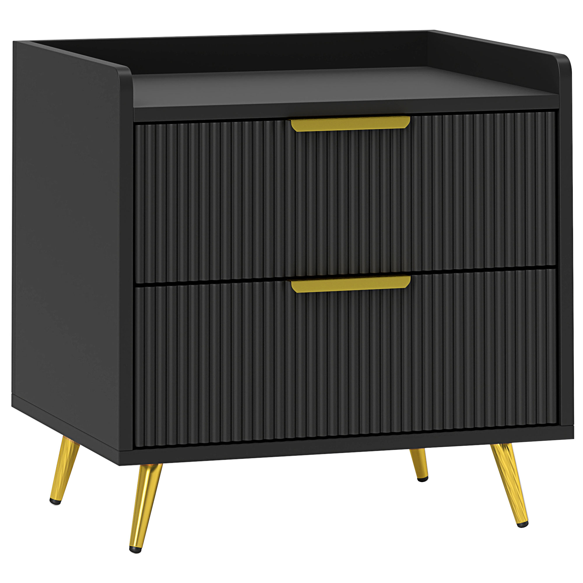 HERON Elegant Two-Drawer Bedside Table - Black with Gold Foots