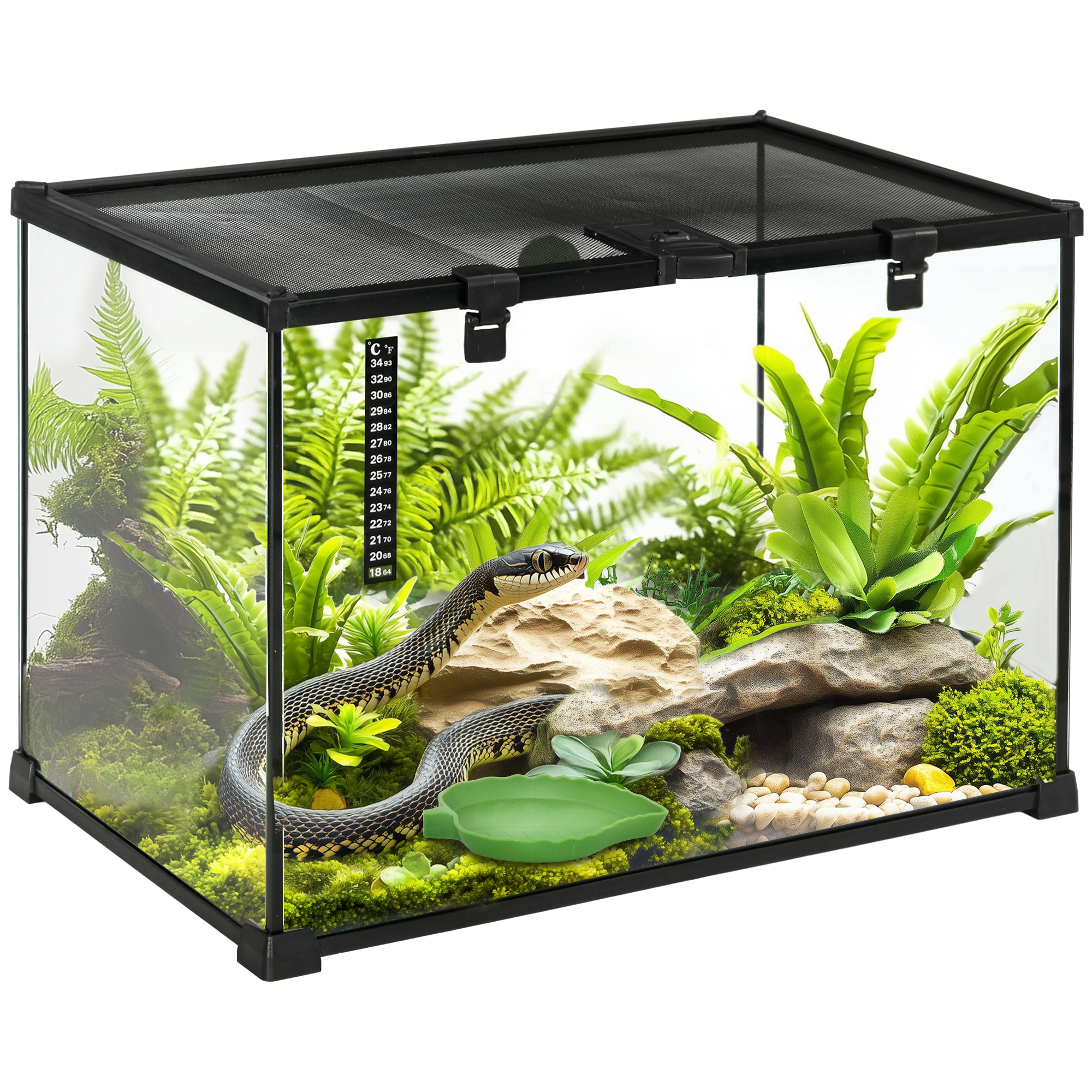 50 x 30 x 35 cm Reptile Glass Terrarium, Reptile Breeding Tank, Climbing pet Glass Containers, Arboreal Box, with Strip Patch Thermometer-Black