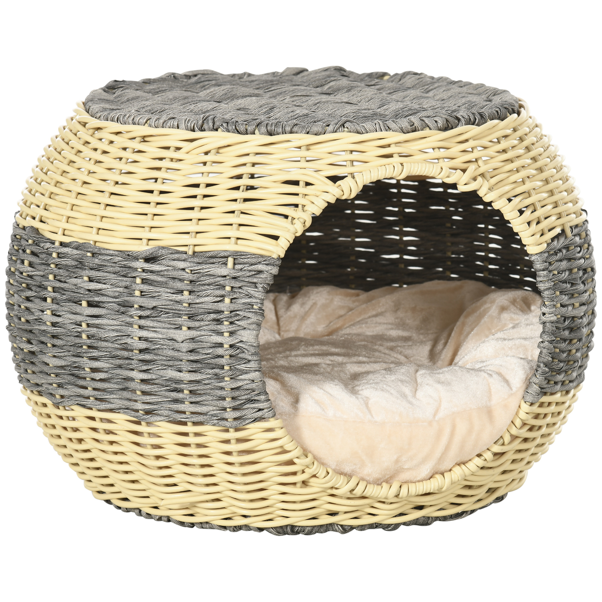 Wicker Cat House, Rattan Raised Cat Bed, Cosy Kitten Cave with Soft Washable Cushion, 40 x 30cm