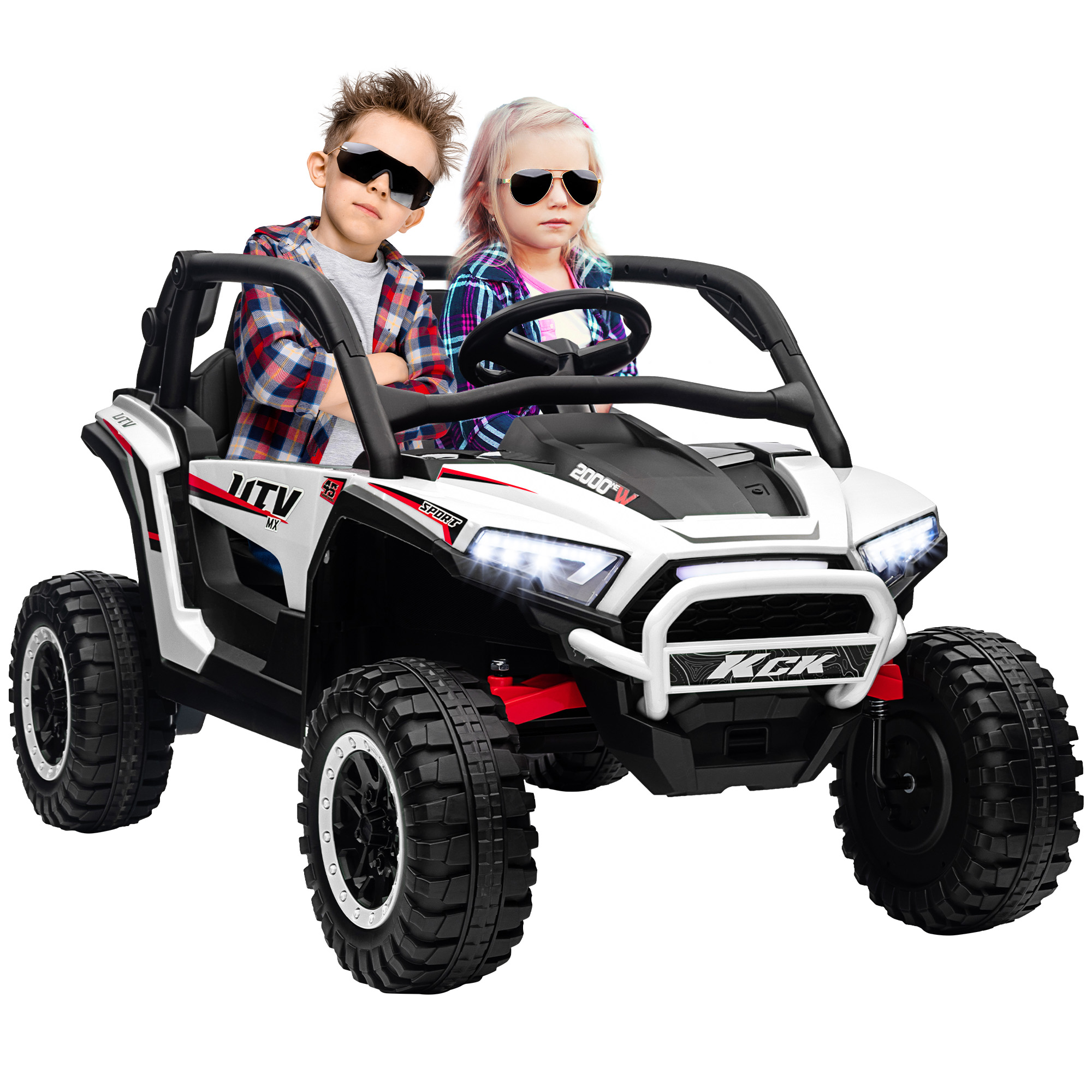 AIVAGO 2 Seater 24V 7AH Ride on Truck, Battery Powered Electric Ride On Car w/ Remote, Suspension, 3 Speeds - White