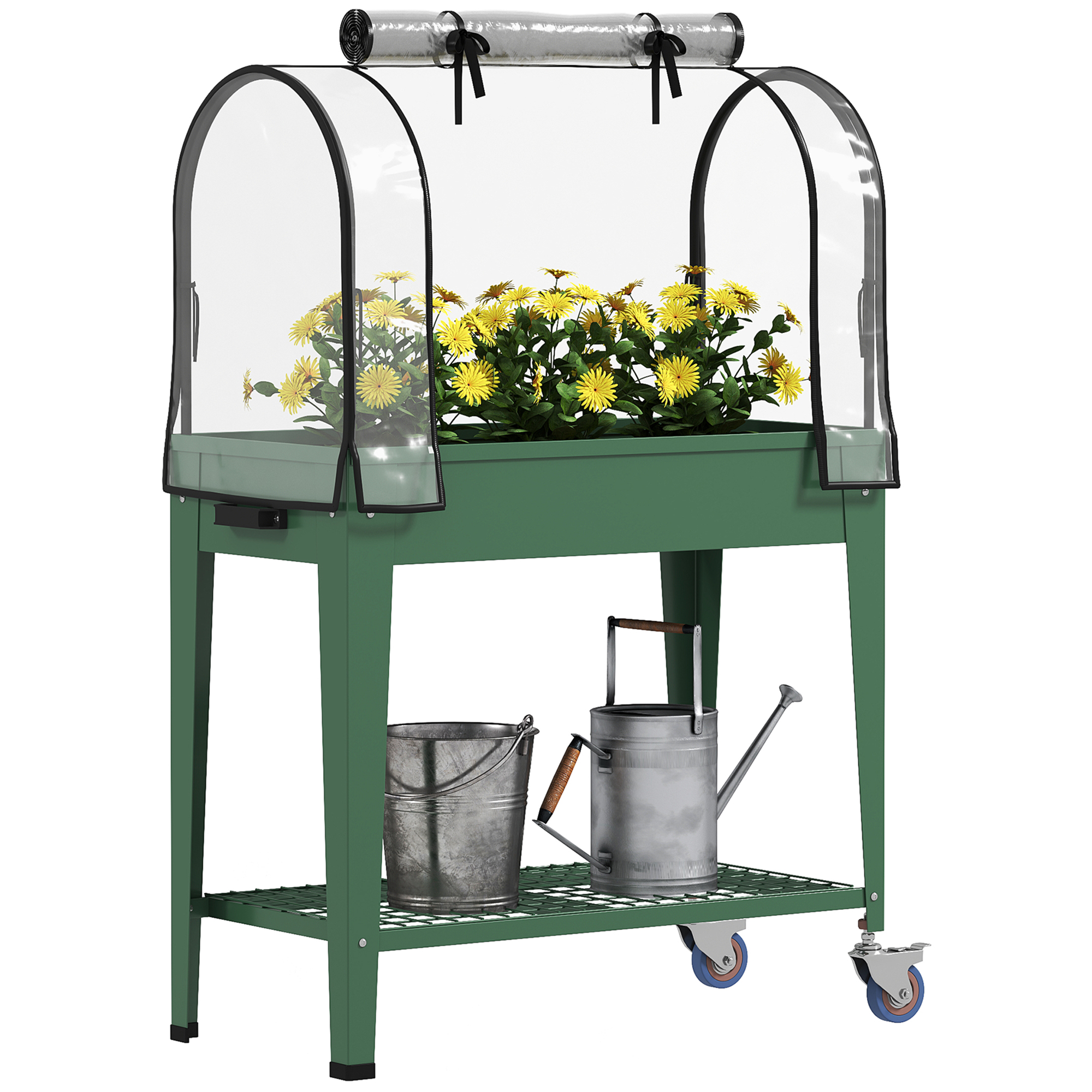 SUNVISTA Raised Planter with Greenhouse Cover, Mobile Elevated Garden Bed with Wheels and Bottom Shelf for Vegetables, Green