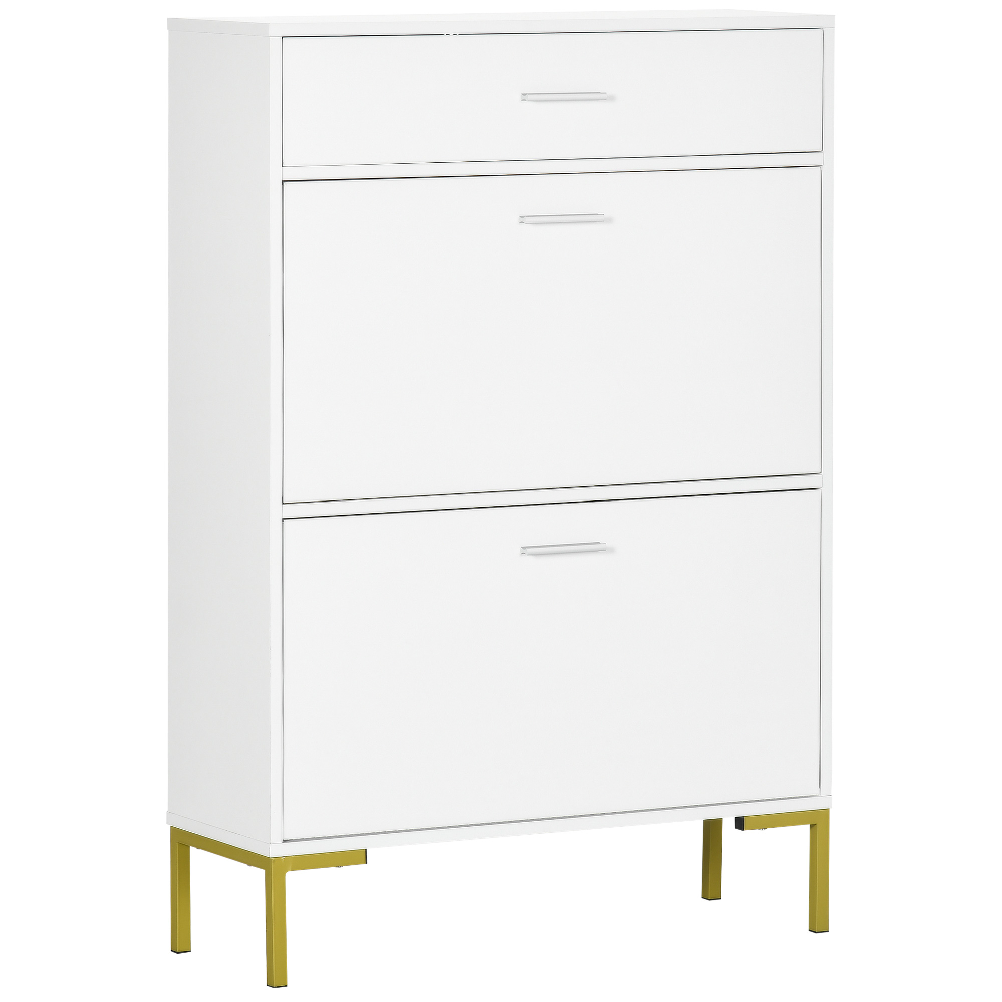 Modern Shoe Cabinet with 2 Flip Doors, Drawer and Adjustable Shelf, Hallway Shoe Cupboard Storage Organizer for 12 Pairs of Shoes, White