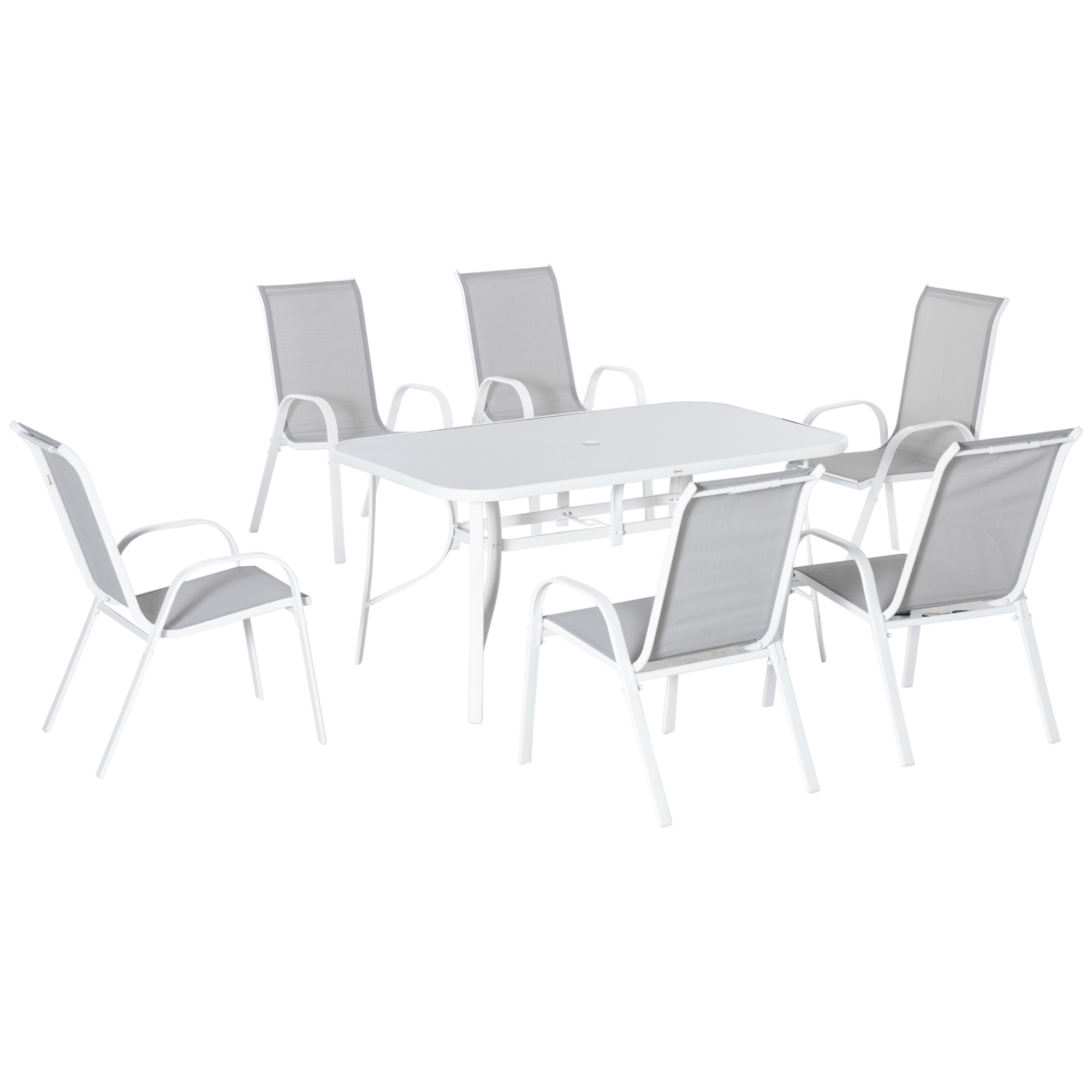 7 Piece Garden Dining Set with Dining Table and Chairs, 6 Seater Outdoor Patio Furniture w/ Parasol Hole for Backyard, Deck and Balcony, Grey