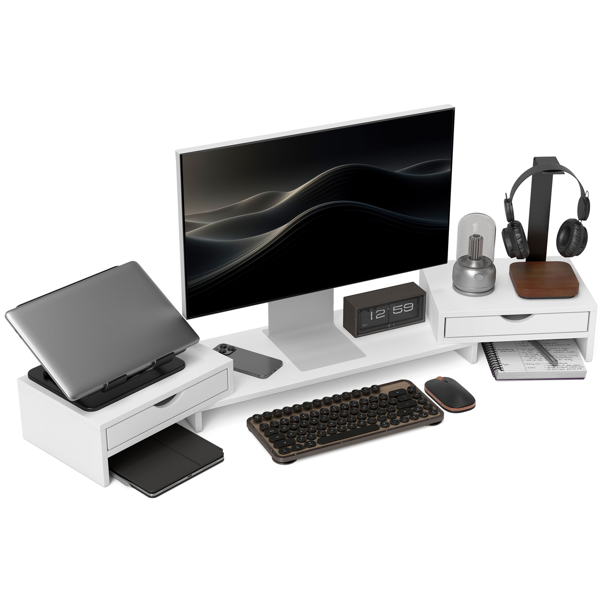 HERON Dual Monitor Stand Riser with 2 Drawers, Adjustable Length and Angle, 116cm Monitor Riser for Laptop, Computer, PC, Small Printer, White