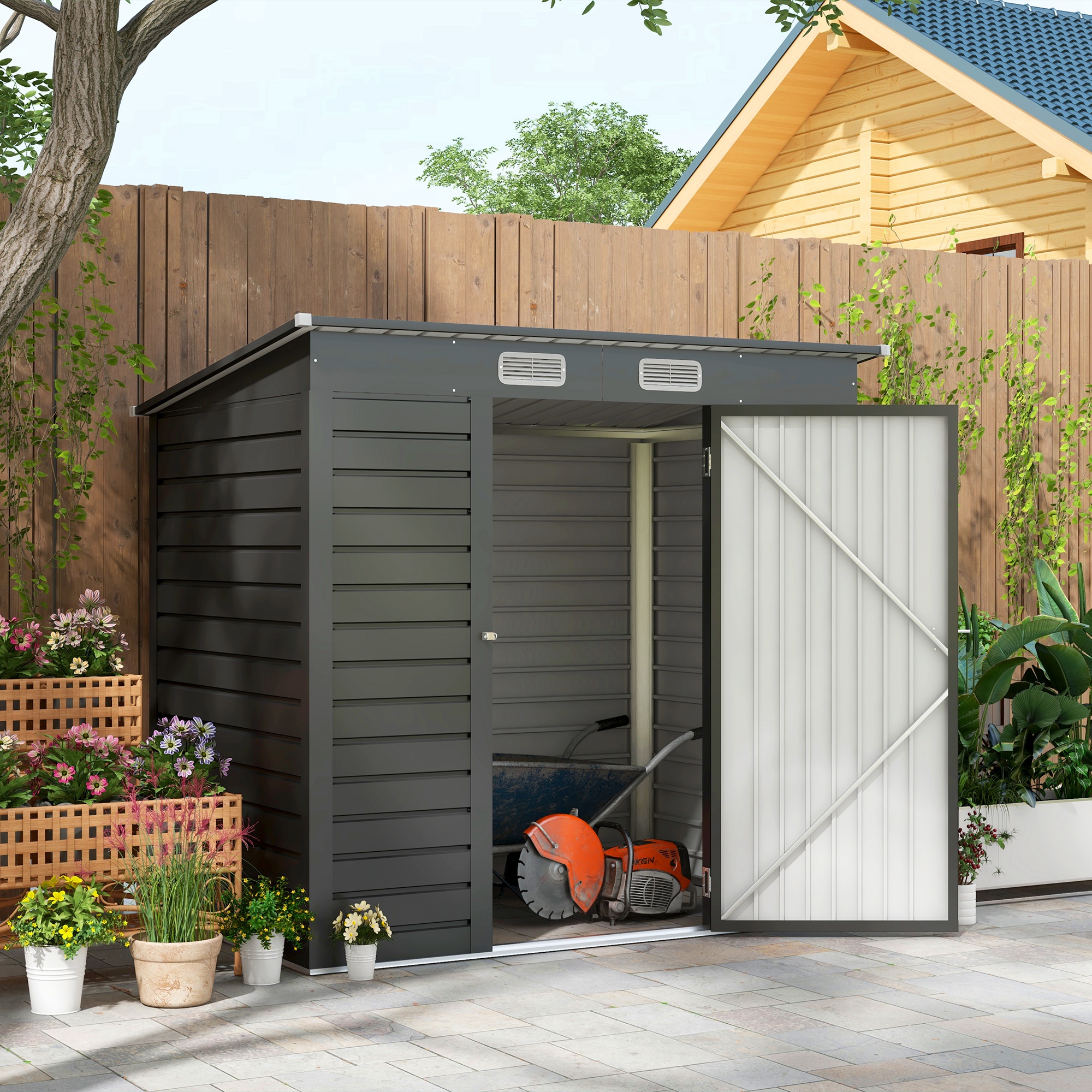 SUNVISTA 6.3 x 4.3FT Garden Shed. Galvanised Metal Shed, Outdoor Tool Storage Shed with Pent Roof, Lockable Door and 2 Vents, Grey