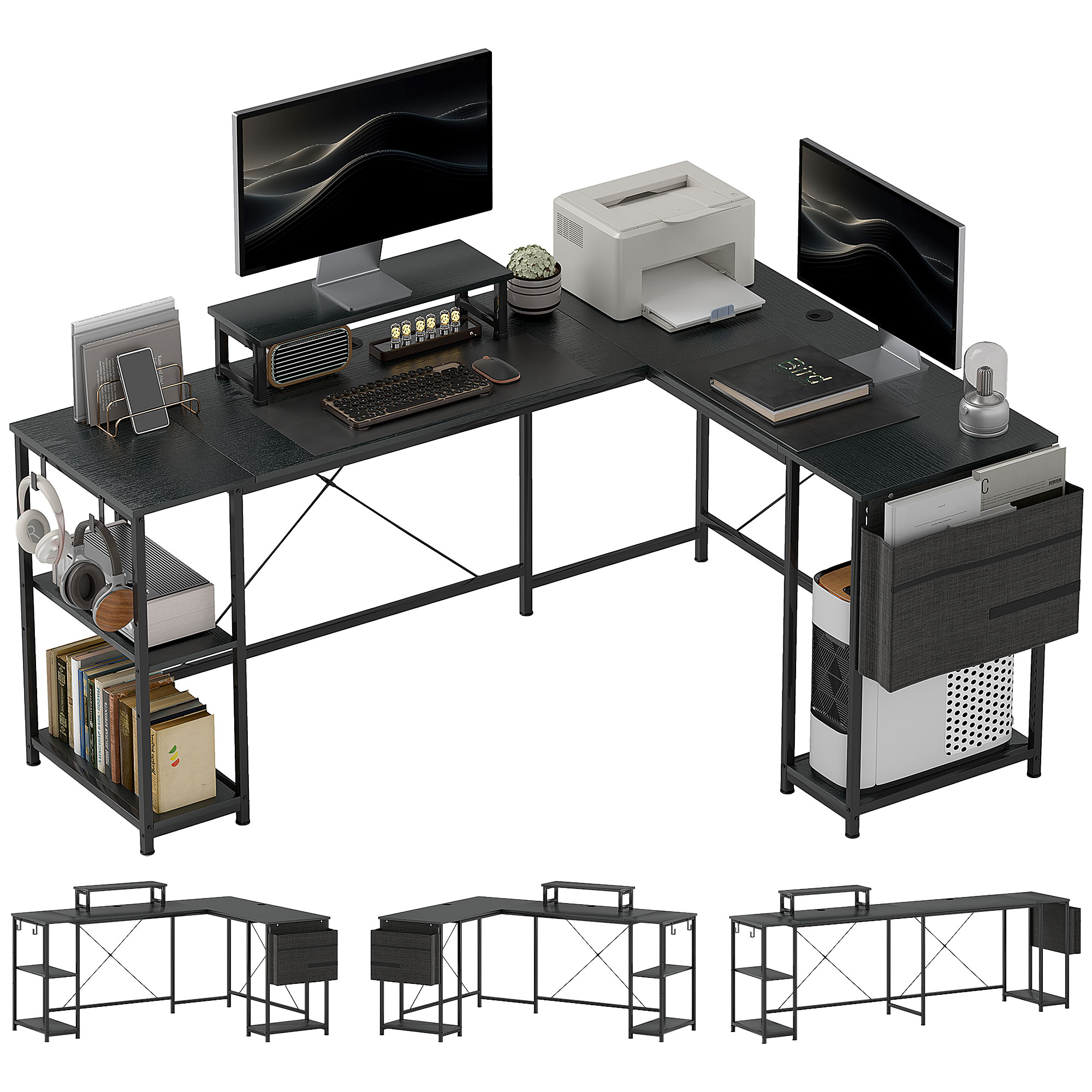 HERON 168cm Reversible L Shaped Desk, Black