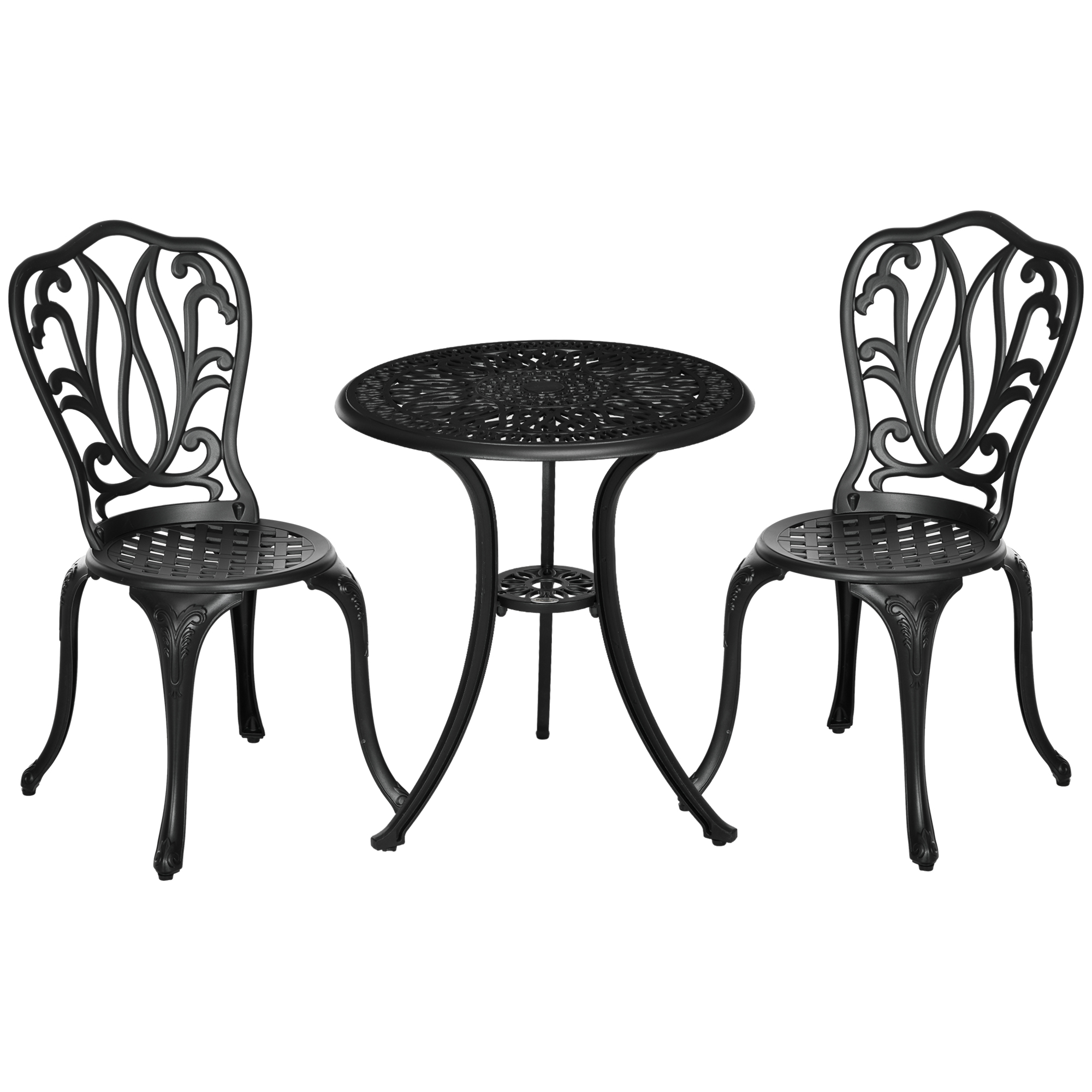 SUNVISTA 3 Piece Garden Bistro Set, Cast Aluminium Outdoor Furniture Set with Umbrella Hole for Balcony, Porch, Patio, Black