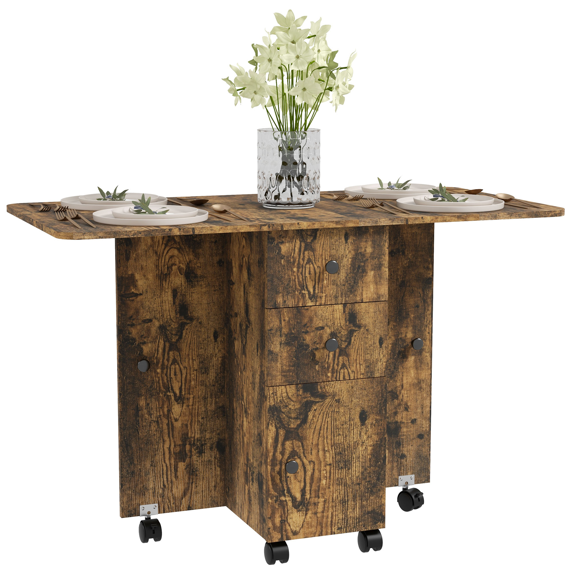 HERON Multi-Storage Six-Person Drop Leaf Dining Table - Rustic Brown