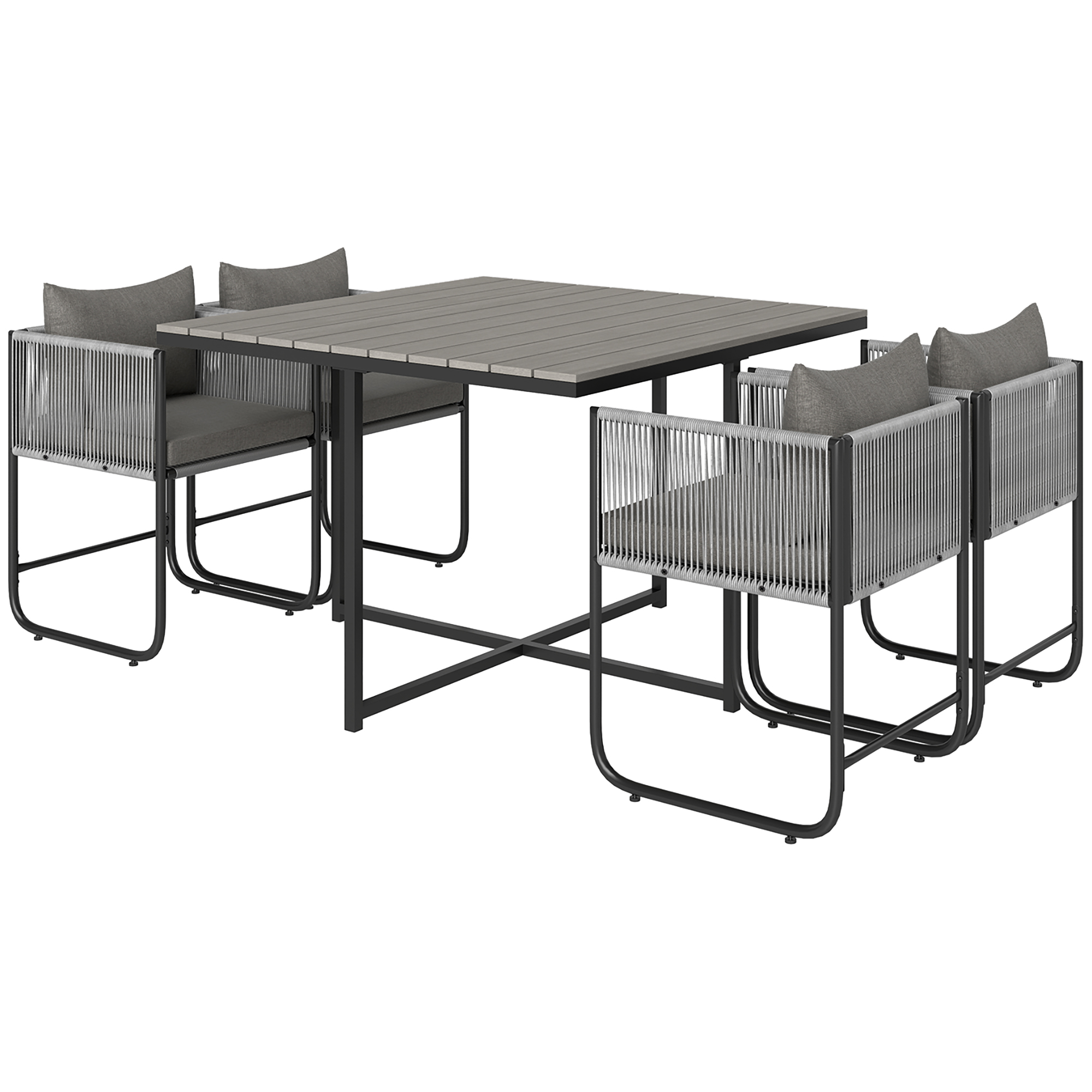 SUNVISTA 4-Seater Rattan Cube Dining Set with Cushions & Wood Grain Table, Patio Furniture, Grey