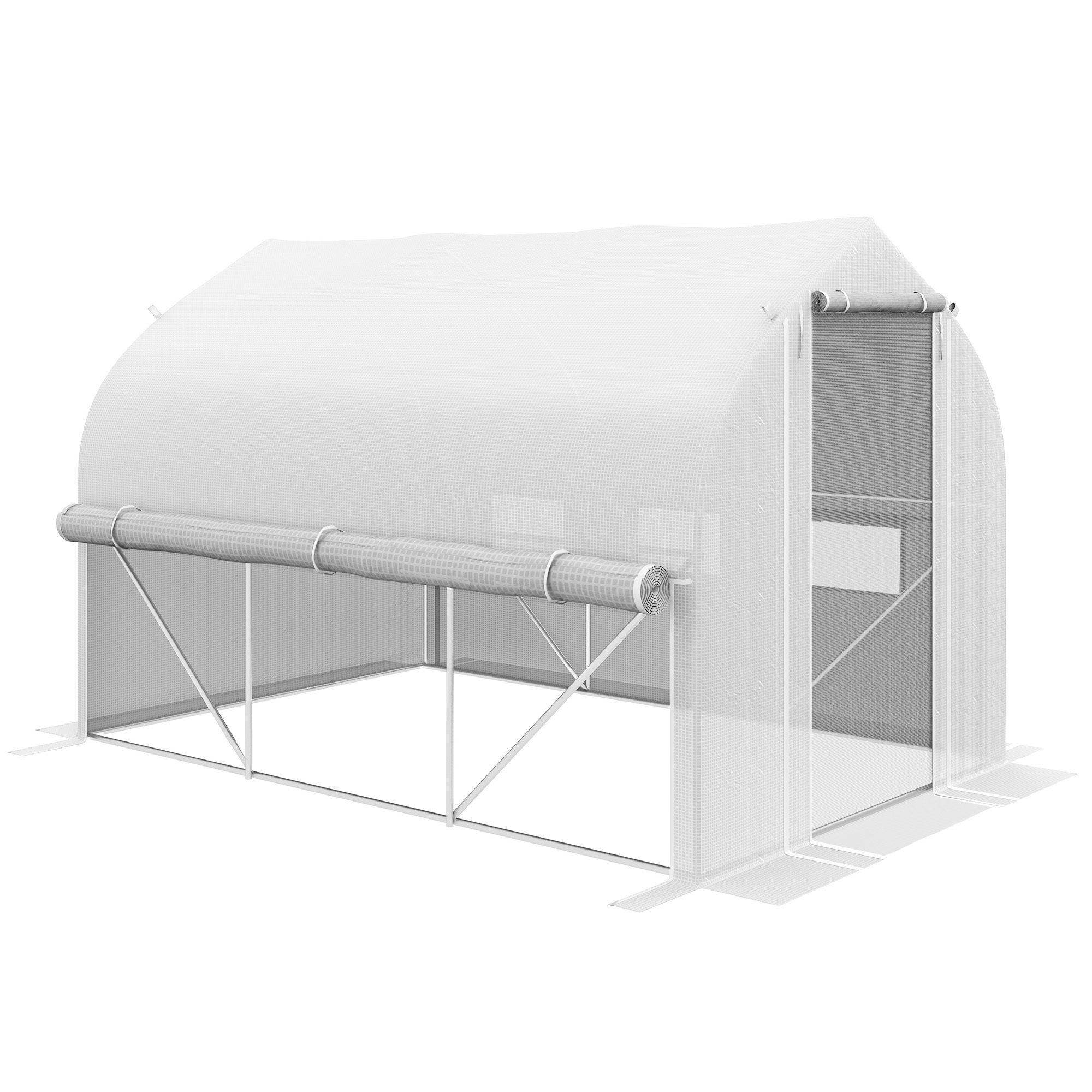 3 x 2m Walk-in Polytunnel Greenhouse, Zipped Roll Up Sidewalls, Mesh Door, Mesh Windows, Tunnel Warm House Tent w/ PE Cover, White
