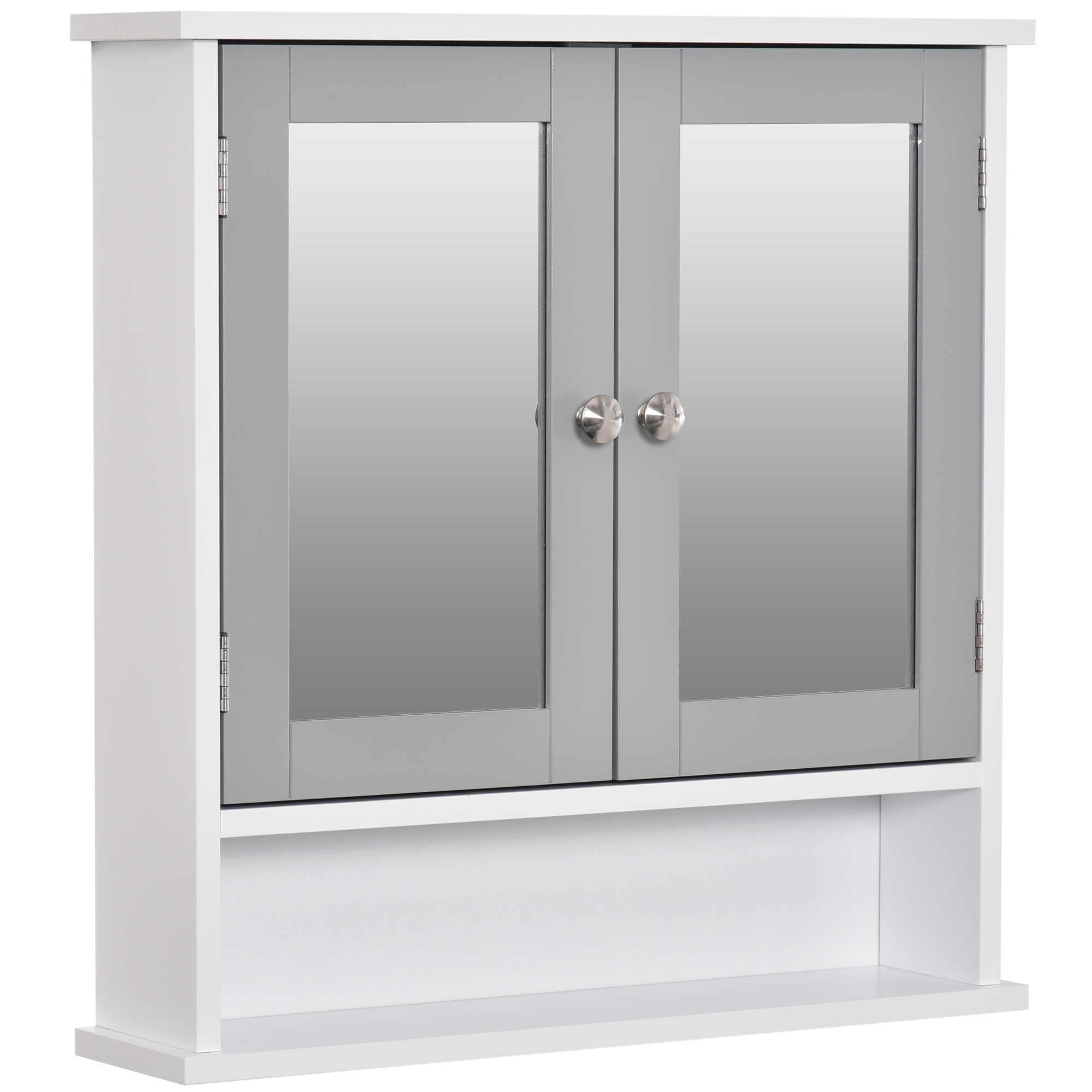 Mirror Cabinet Wall Mounted with Double Mirrored Doors, Hanging Cabinet with Cupboard and Shelf, Bathroom Wall Storage Organizer, Grey