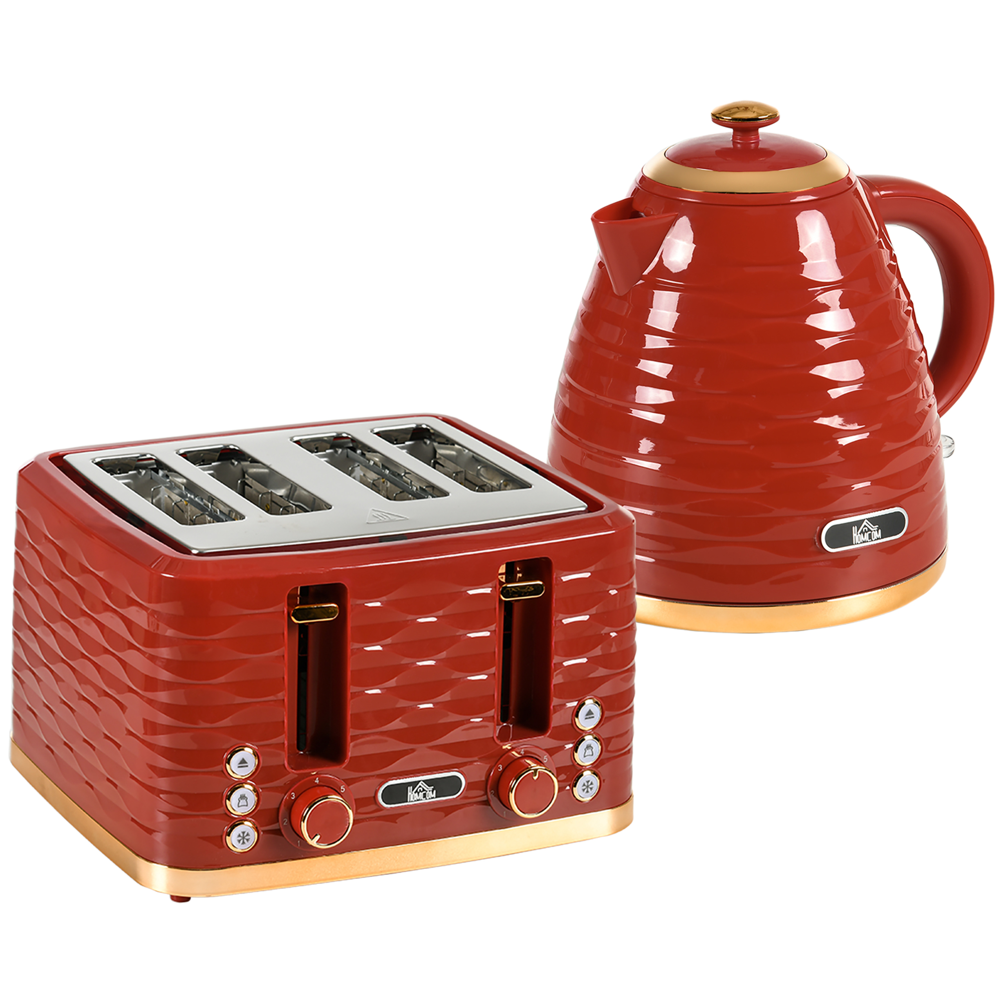 3000W 1.7L Rapid Boil Kettle & 4 Slice Toaster, Kettle and Toaster Set with 7 Browning Controls and Crumb Tray, Red