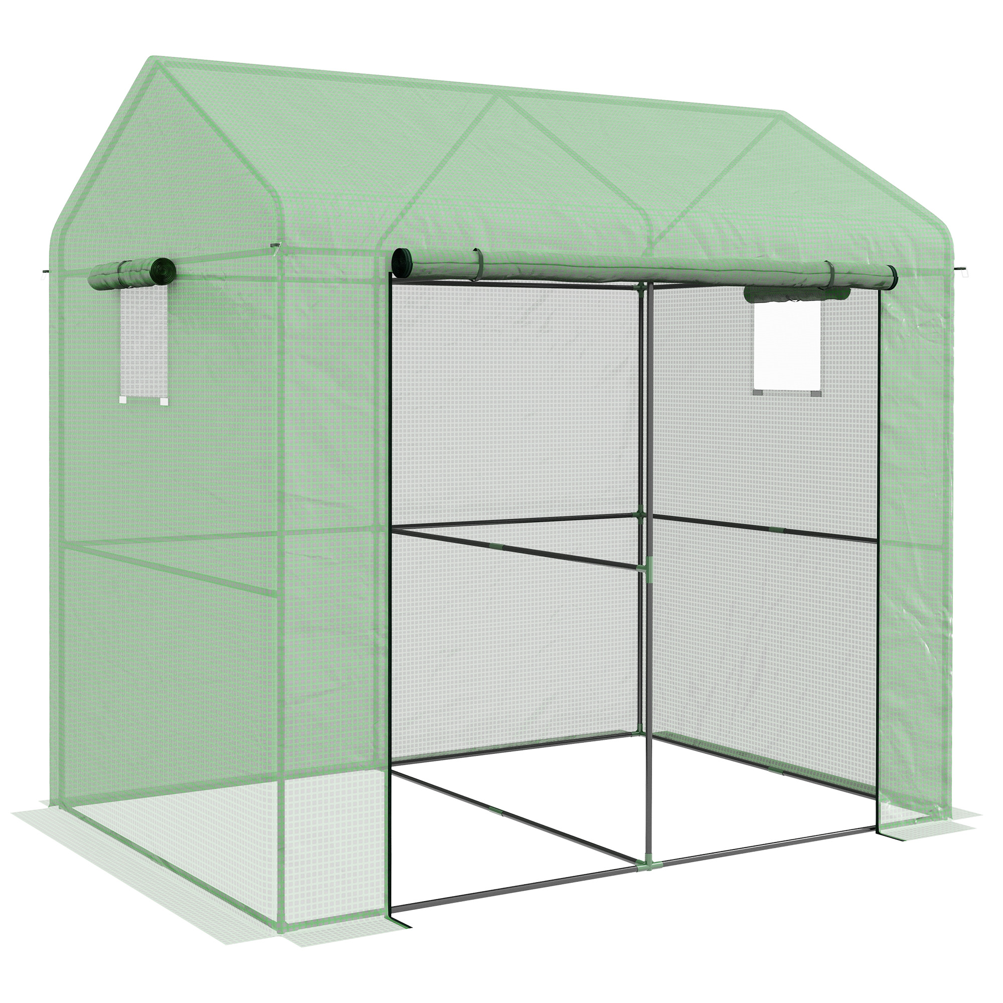 Greenhouse, Walk-in Garden Grow House with Roll-up Door and Mesh Windows, 200 x 140 x 200cm, Green