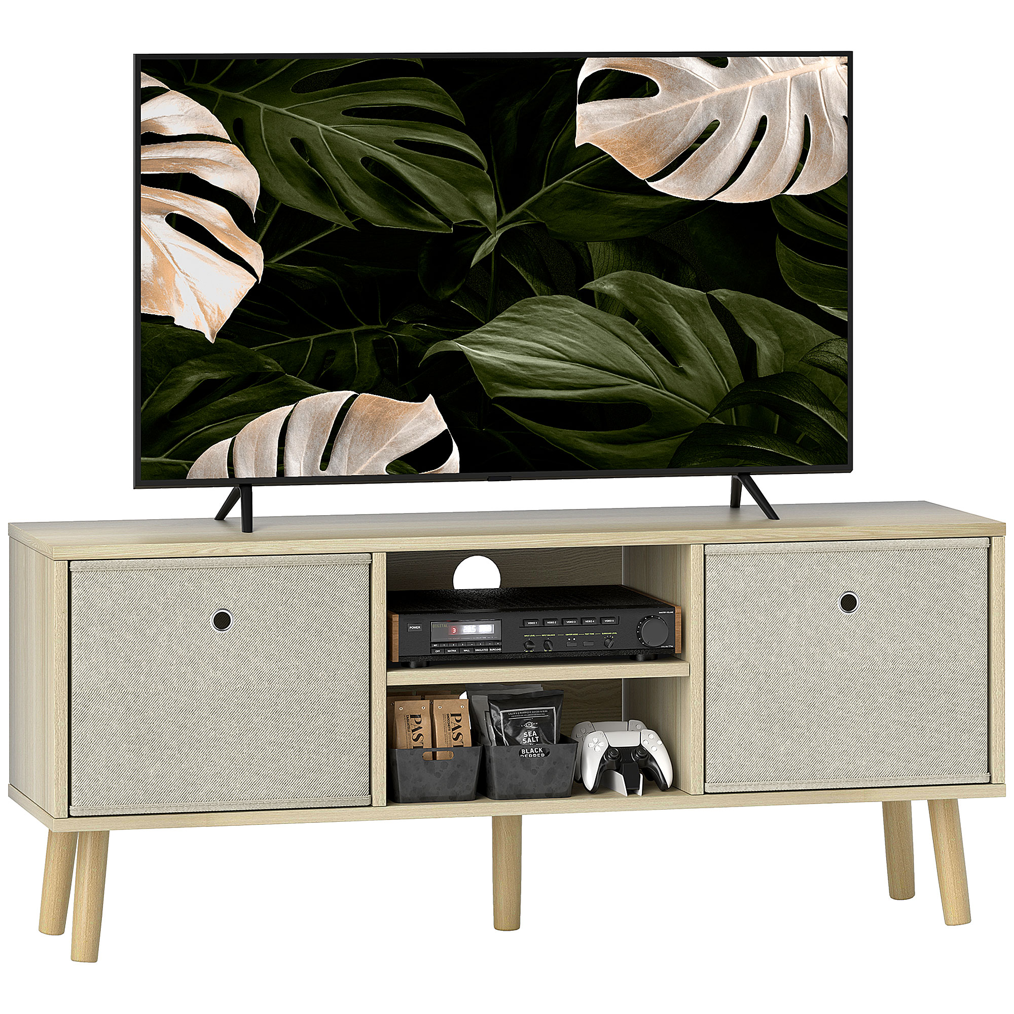 HERON TV Cabinet Stand Unit for TVs up to 50'' with Foldable Drawers, Entertainment Centre for Living Room Natural