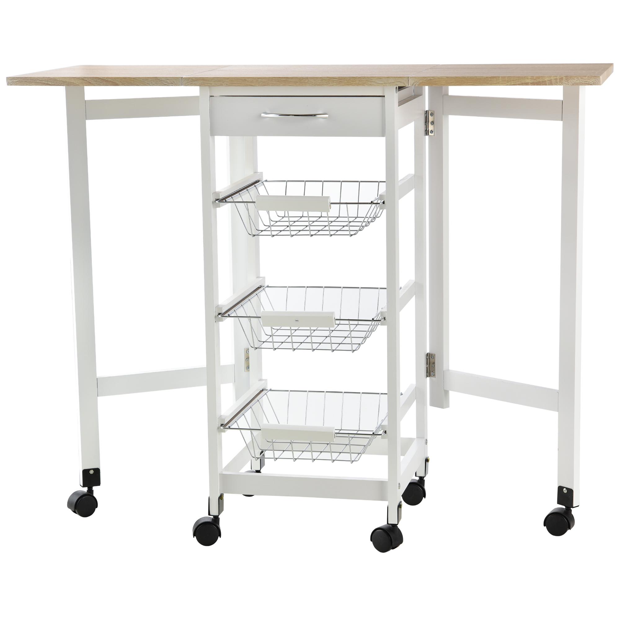 Drop-Leaf Kitchen Trolley w/ 3 Baskets Drawer Surface Top 6 Wheels Rolling Storage Unit Kitchen Home Dining Cart White Oak Tone