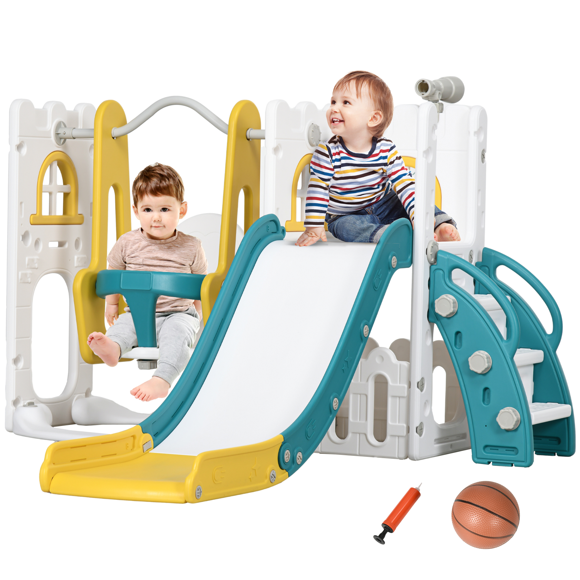 Kinsey 6-in-1 Swing Slide Set Kids Playground with Basketball Hoop - Yellow