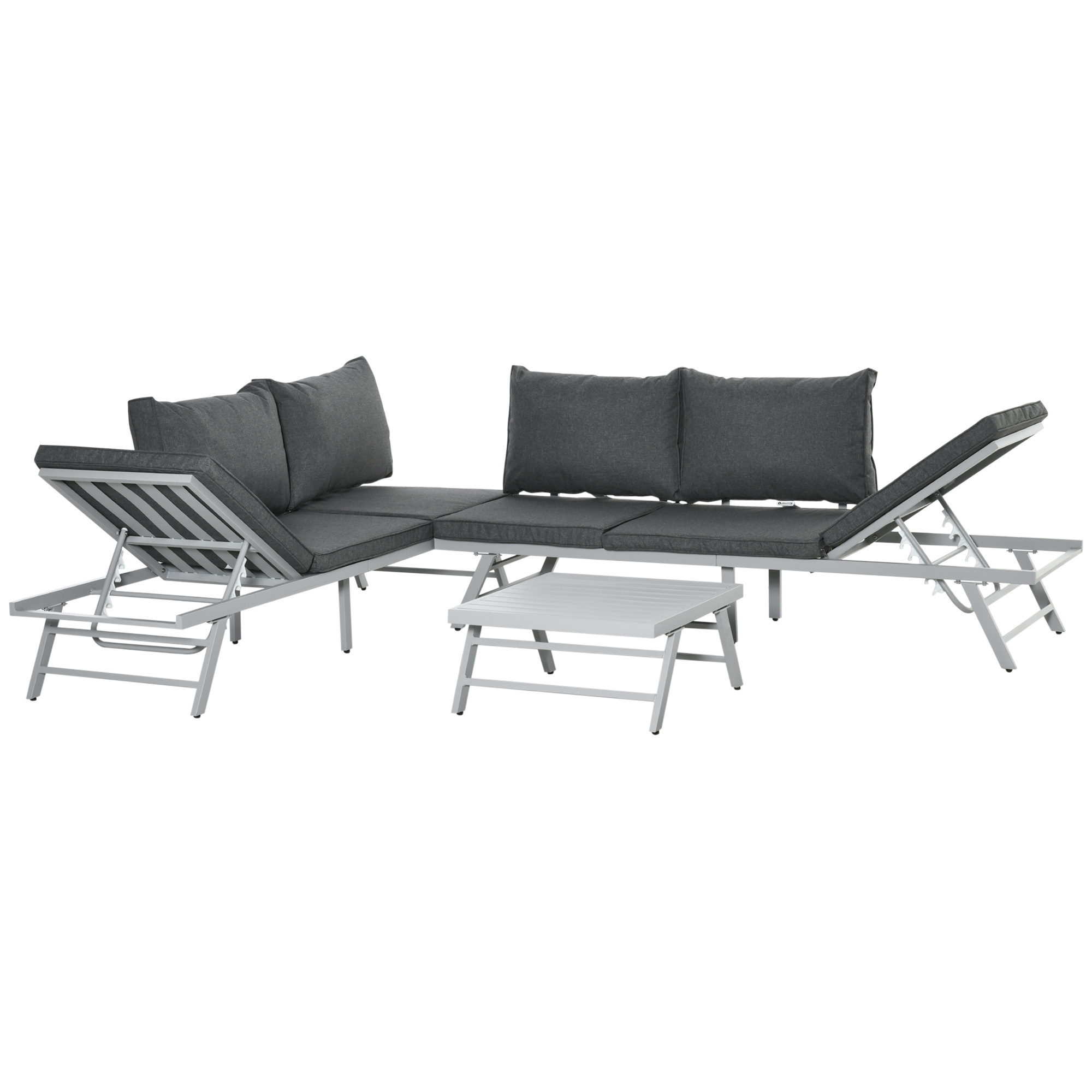 3 Pcs Garden Seating Set w/ Convertible Sofa Lounge Table Padded Cushions Outdoor Patio Furniture Couch Grey