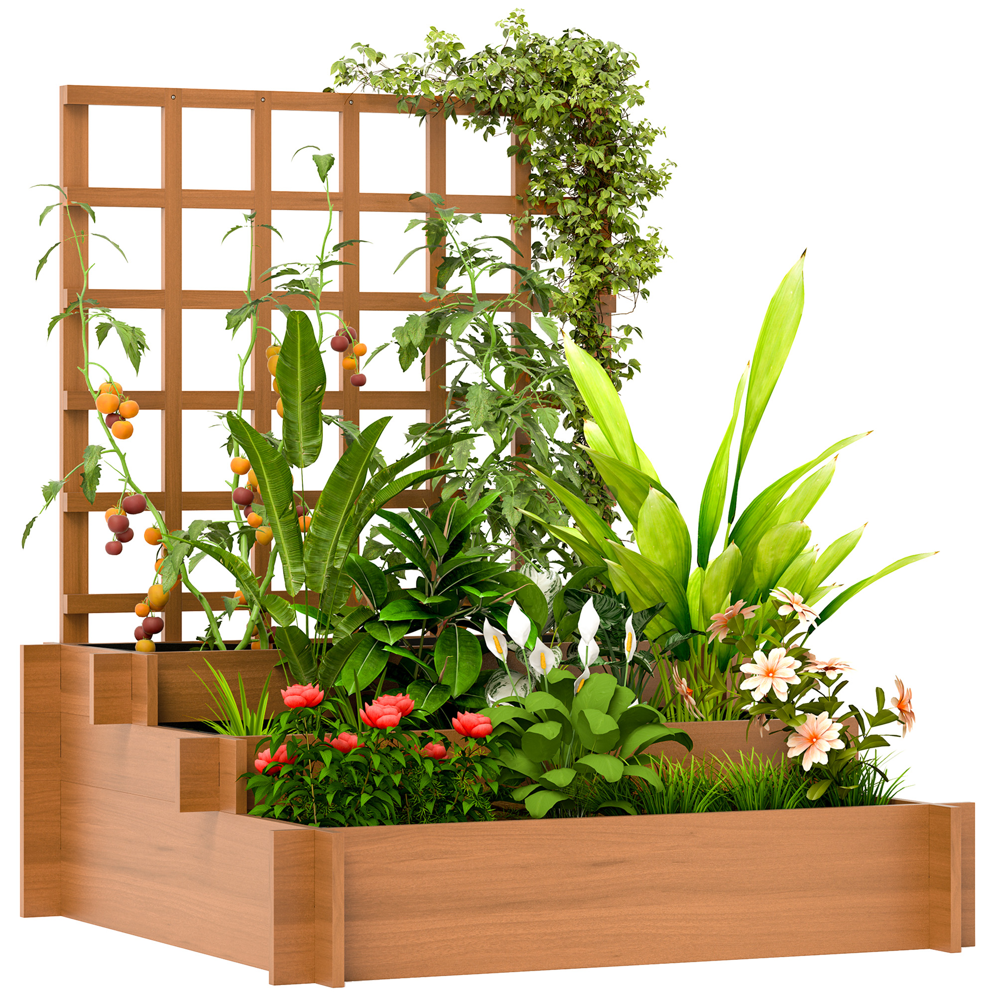 SUNVISTA 3 Tier Garden Planters with Trellis for Vine Climbing, Wooden Raised Beds, 95x95x110cm, Brown