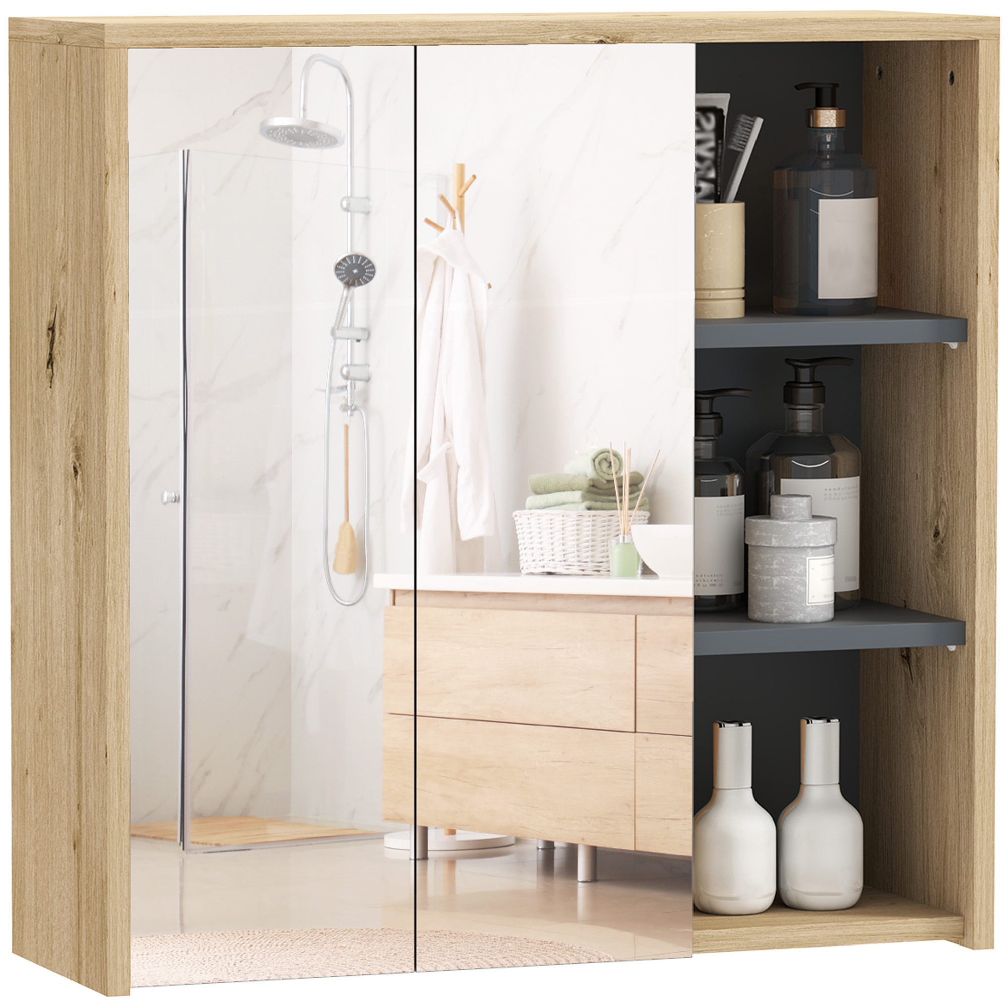 HERON Five-Shelf Mirrored Bathroom Cabinet - Wood-Effect