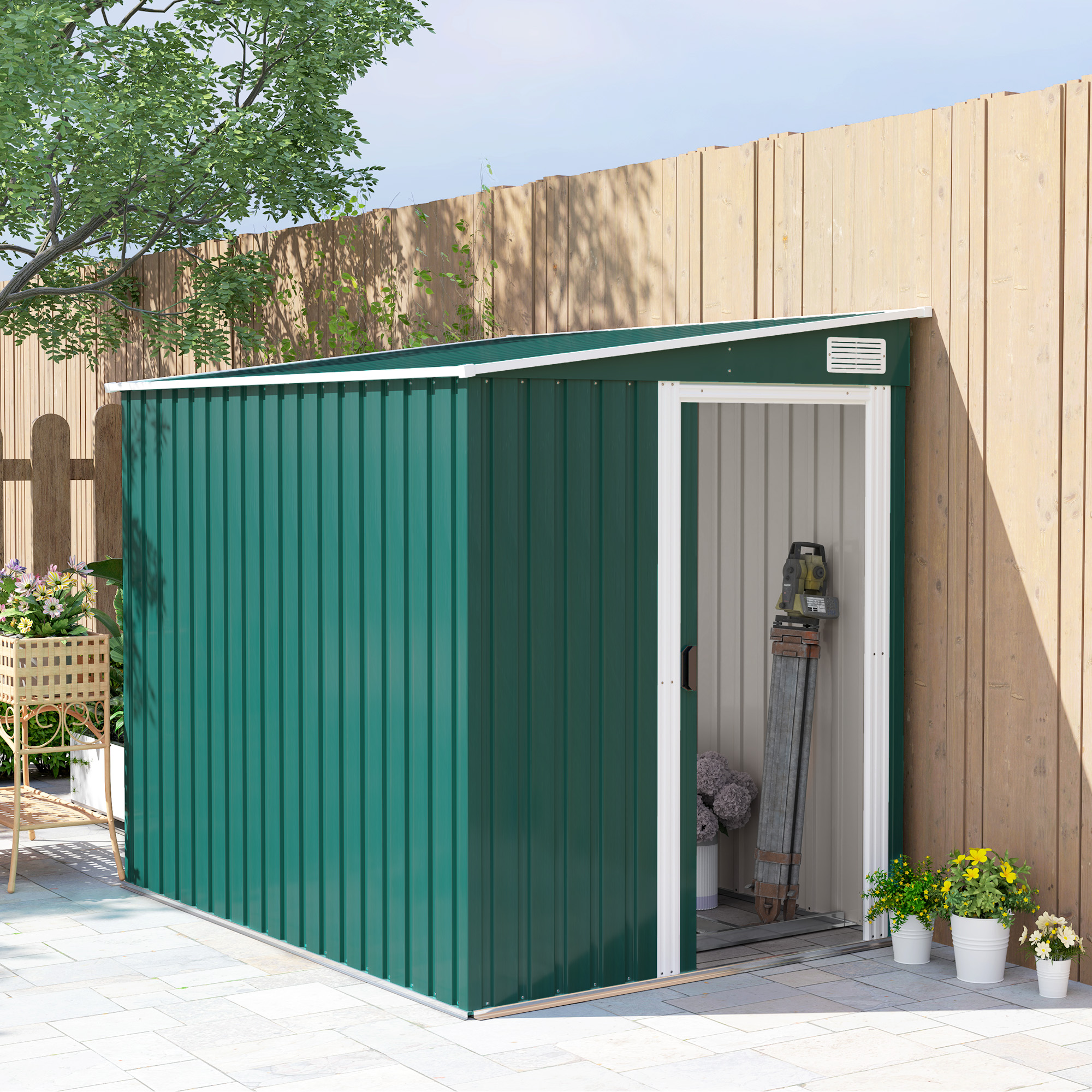 SUNVISTA 7 x 5ft Galvanised Metal Shed, with Sliding Door - Green