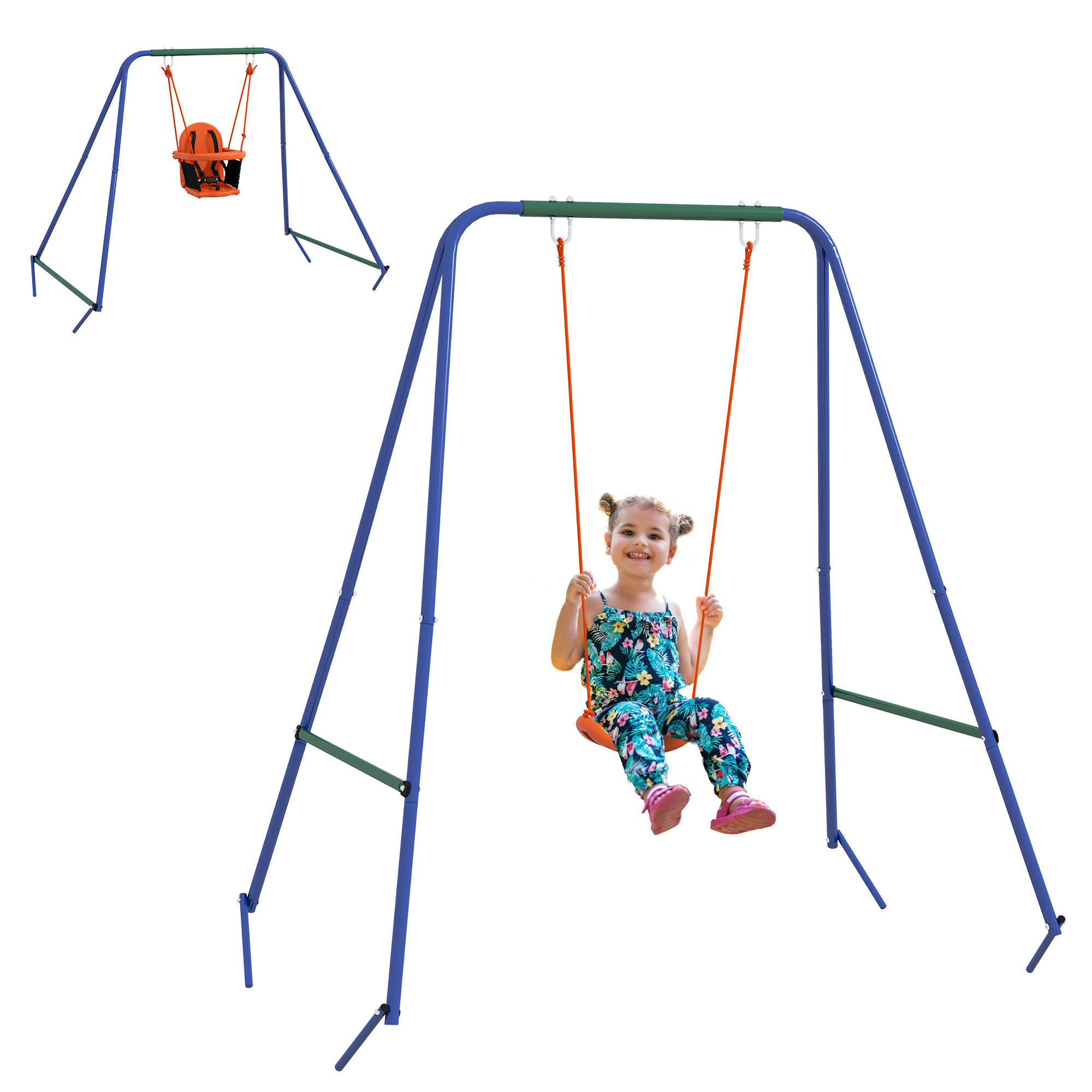2 In 1 Metal Frame Nursery Swing w/ Comfortable Seat Safety Belt Orange