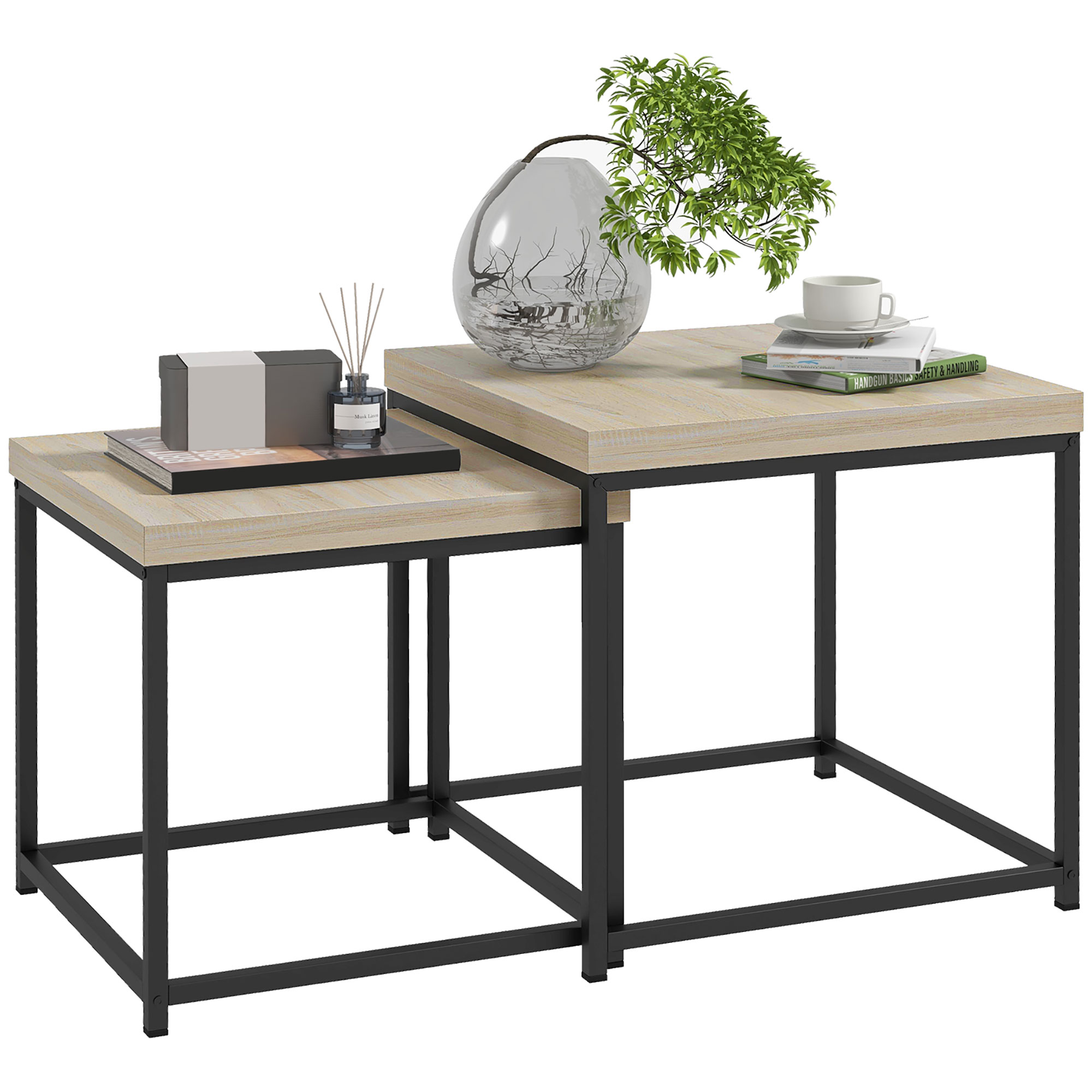 HERON Coffee Table Set of 2, Nest of Tables with 3.5cm Thick Tabletop, Oak