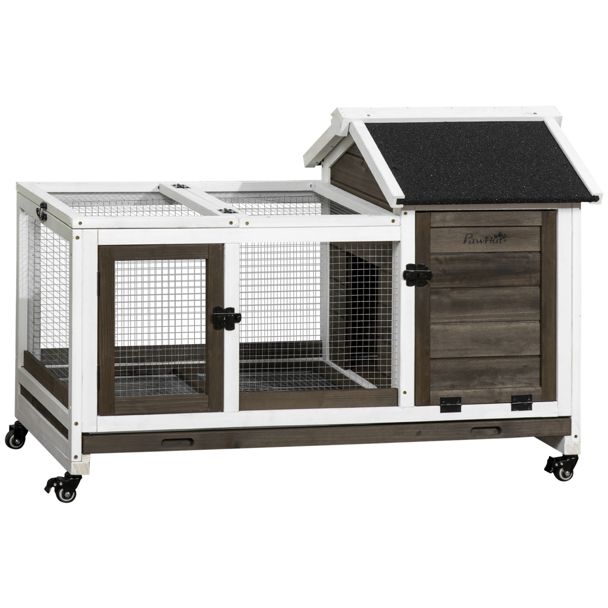 Wooden Rabbit Hutch with Wheels, Guinea Pig Cage, Small Animal House for Outdoor & Indoor with Slide-out Tray, 108 x 58 x 73.5cm, Coffee